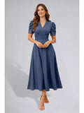 Womens Puff Sleeve Pista Solid V-Neck A-Line Midi Dress | D56 - view 54