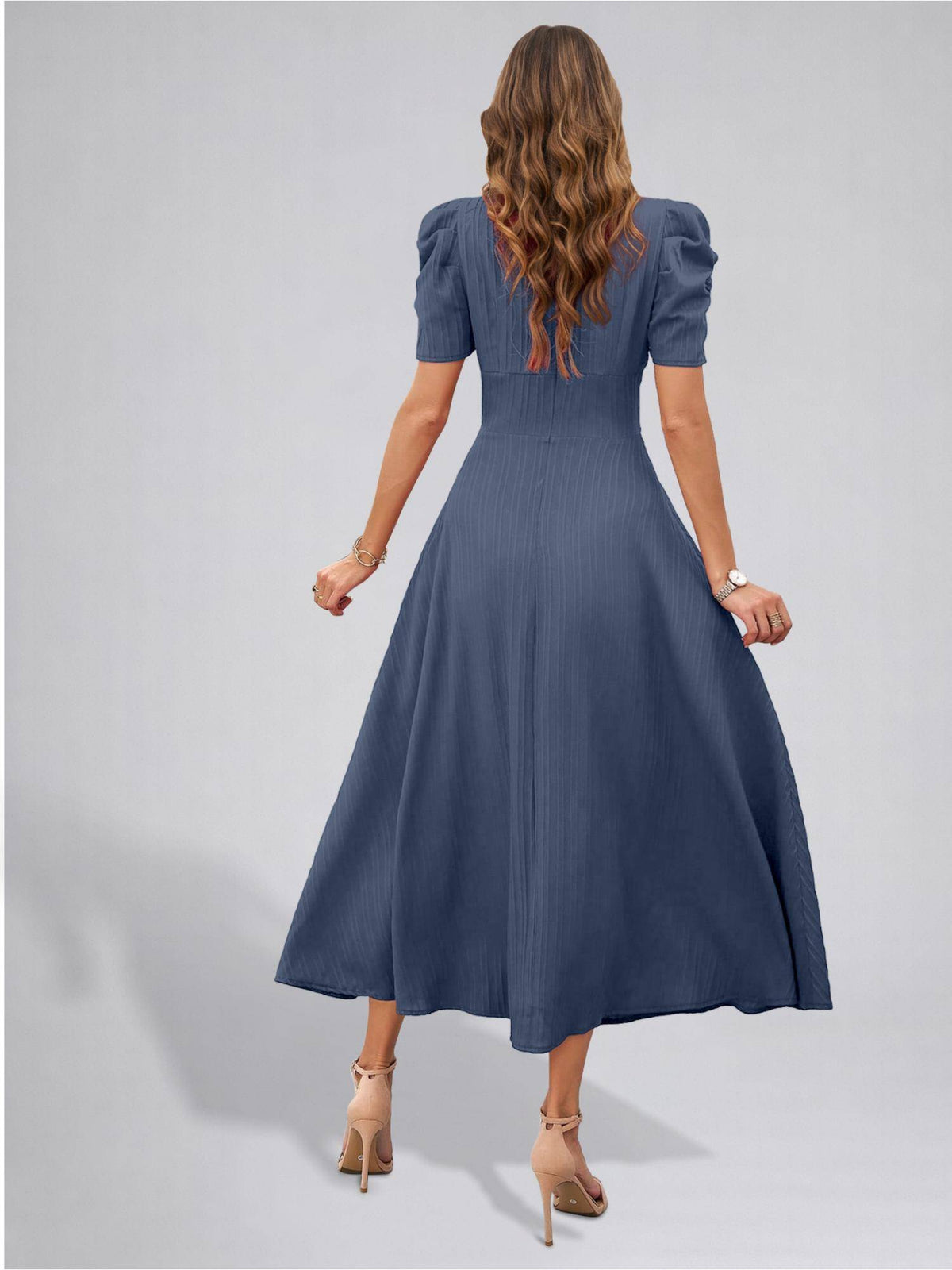 Womens Puff Sleeve Peach Solid V-Neck A-Line Midi Dress | D56 - view 55
