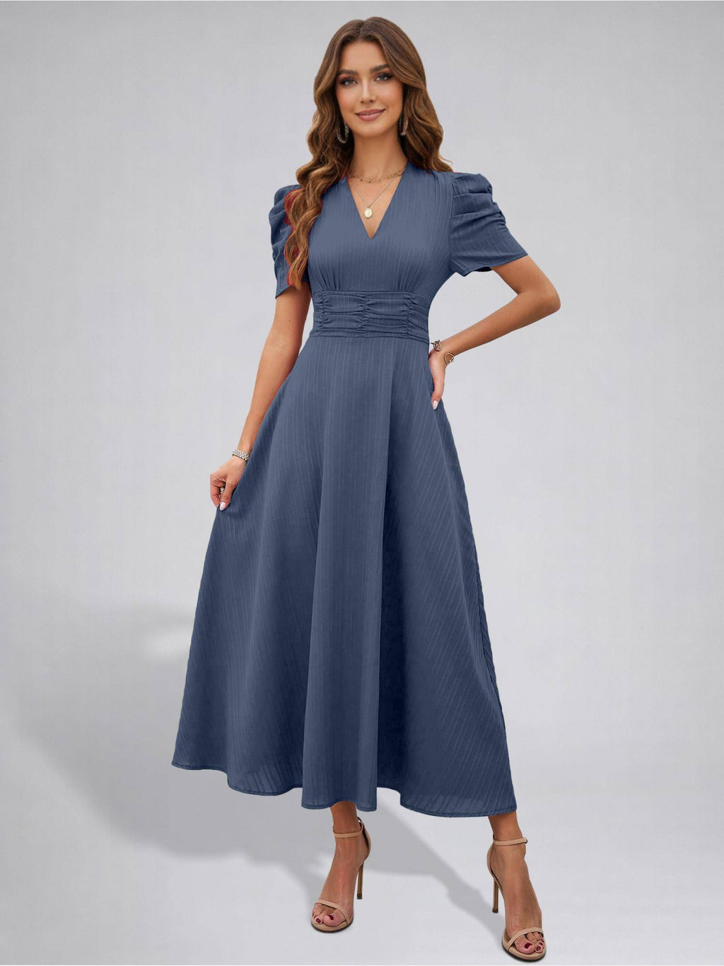 Womens Puff Sleeve Pista Solid V-Neck A-Line Midi Dress | D56 - view 56