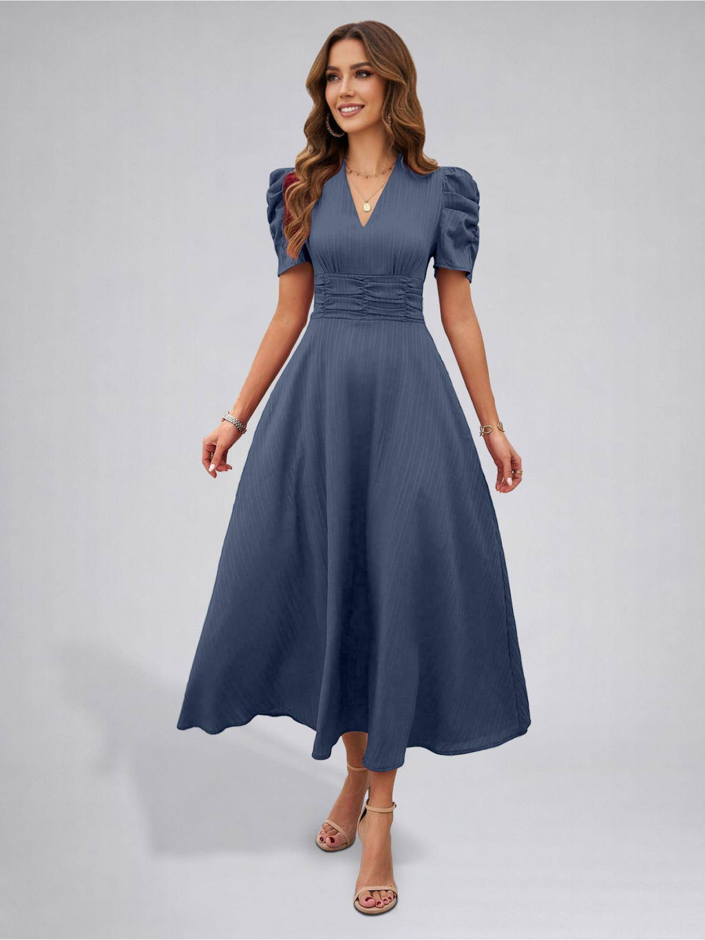 Womens Puff Sleeve Blue Solid V-Neck A-Line Midi Dress | D56 - view 4