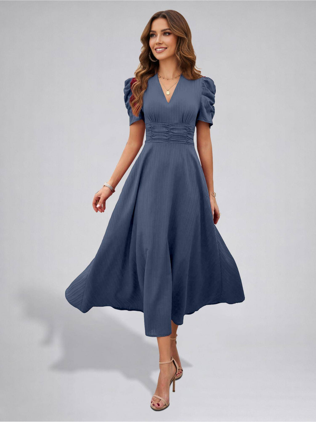 Womens Puff Sleeve Peach Solid V-Neck A-Line Midi Dress | D56 - view 58