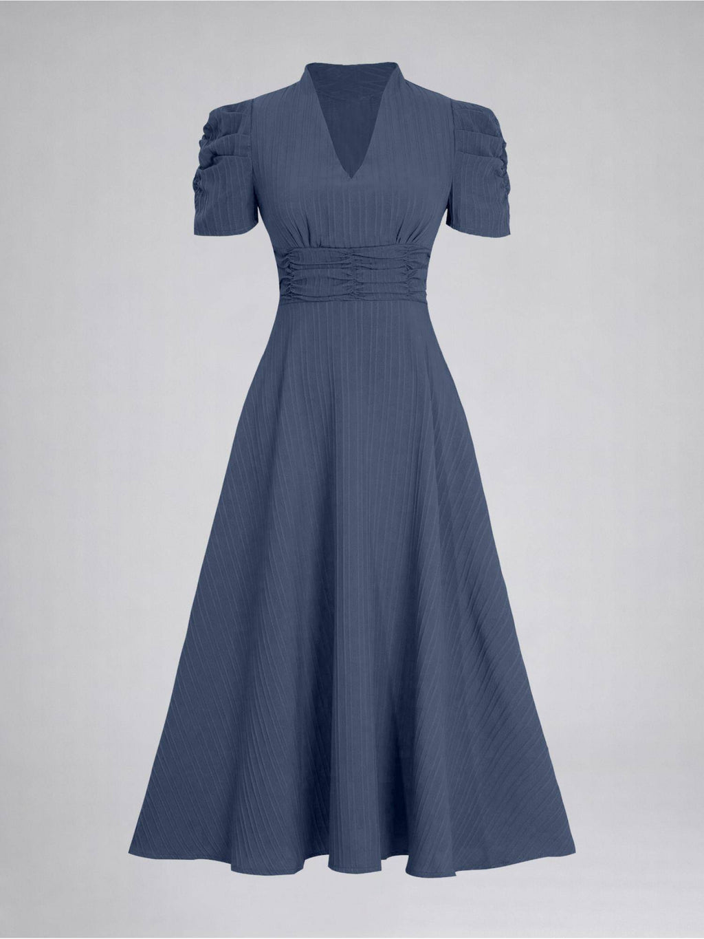 Womens Puff Sleeve Blue Solid V-Neck A-Line Midi Dress | D56 - view 6
