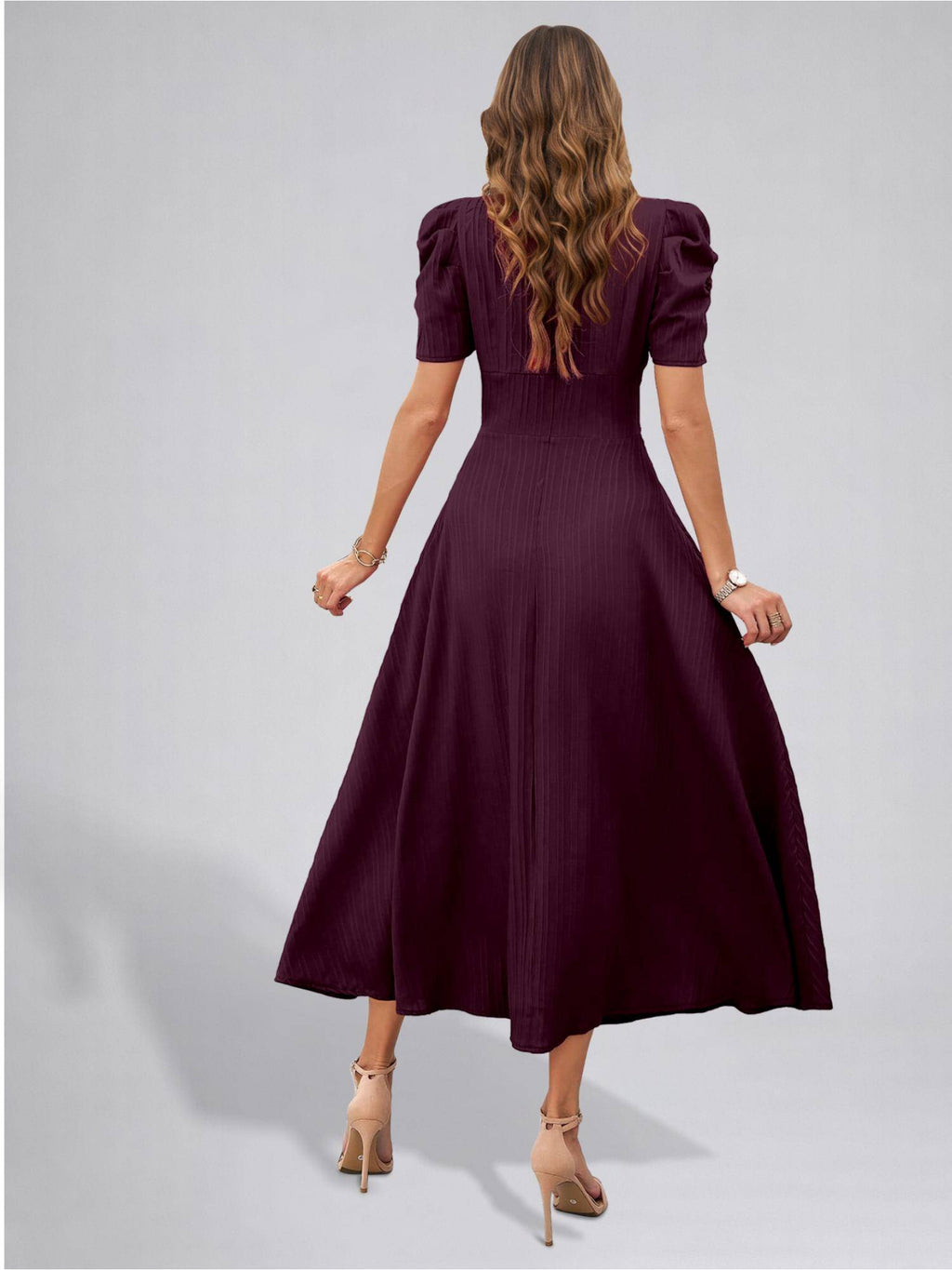 Womens Puff Sleeve Magenta Solid V-Neck A-Line Midi Dress | D56 - view 2