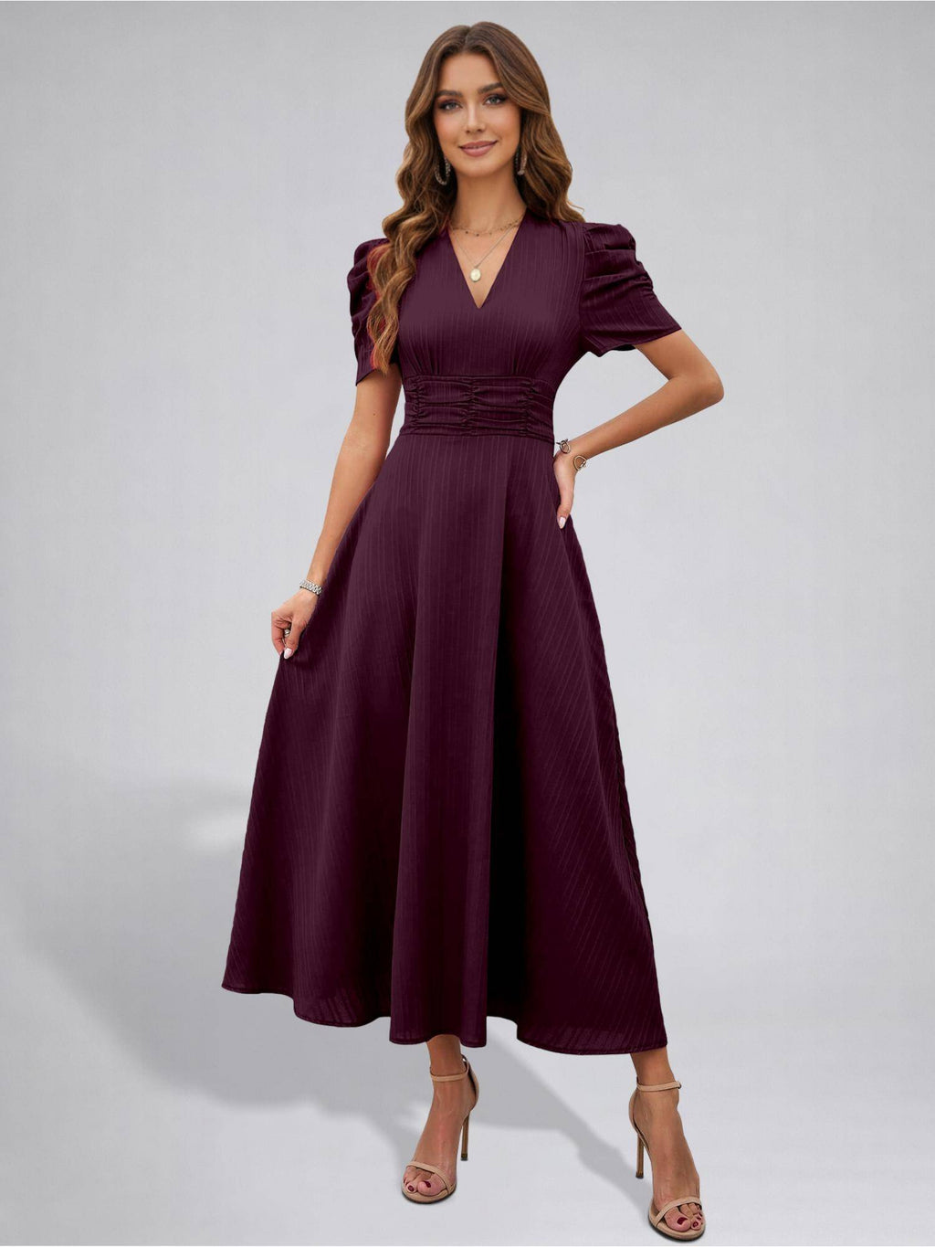 Womens Puff Sleeve Brown Solid V-Neck A-Line Midi Dress | D56 - view 16