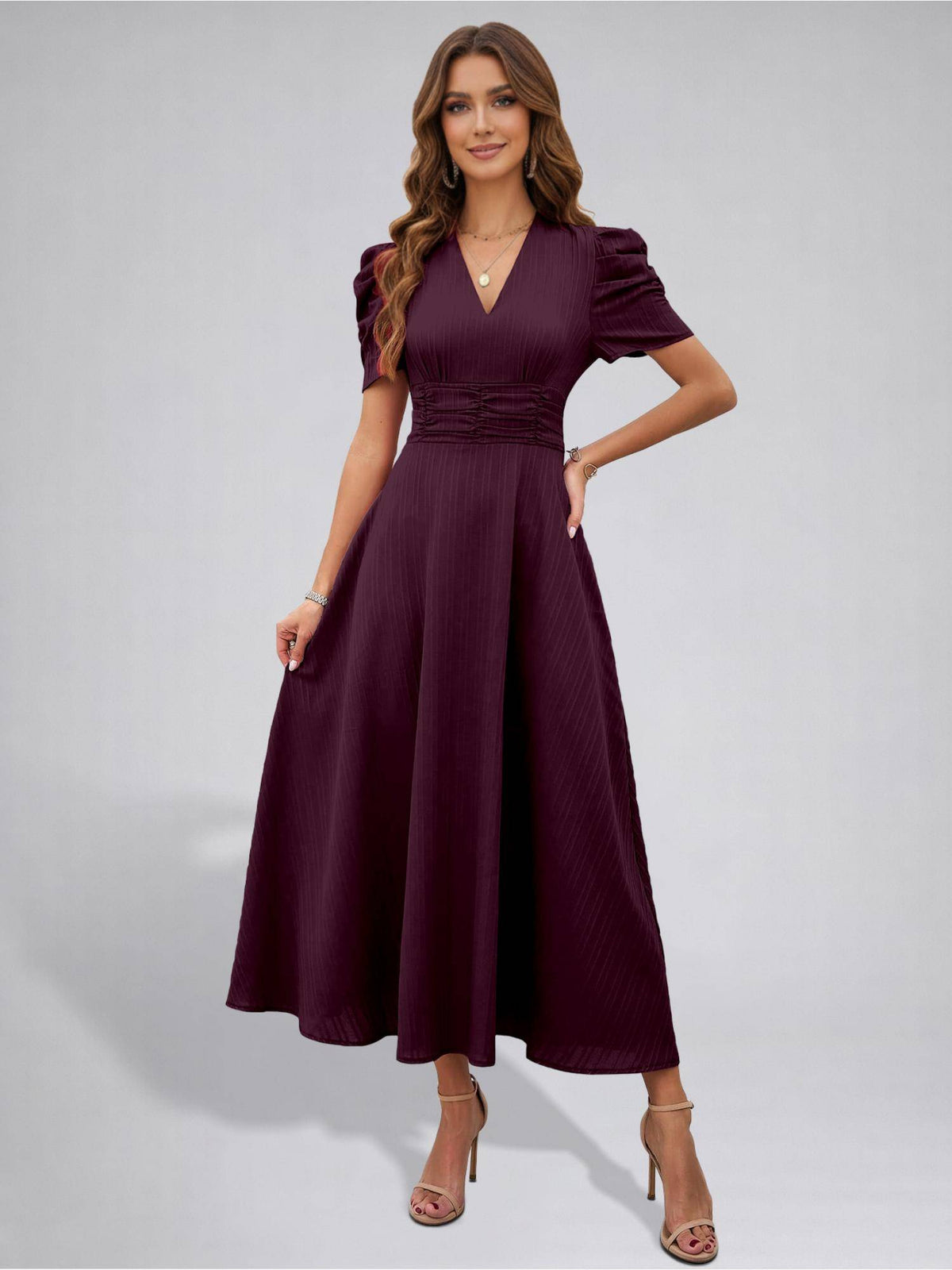 Womens Puff Sleeve Brown Solid V-Neck A-Line Midi Dress | D56 - view 16