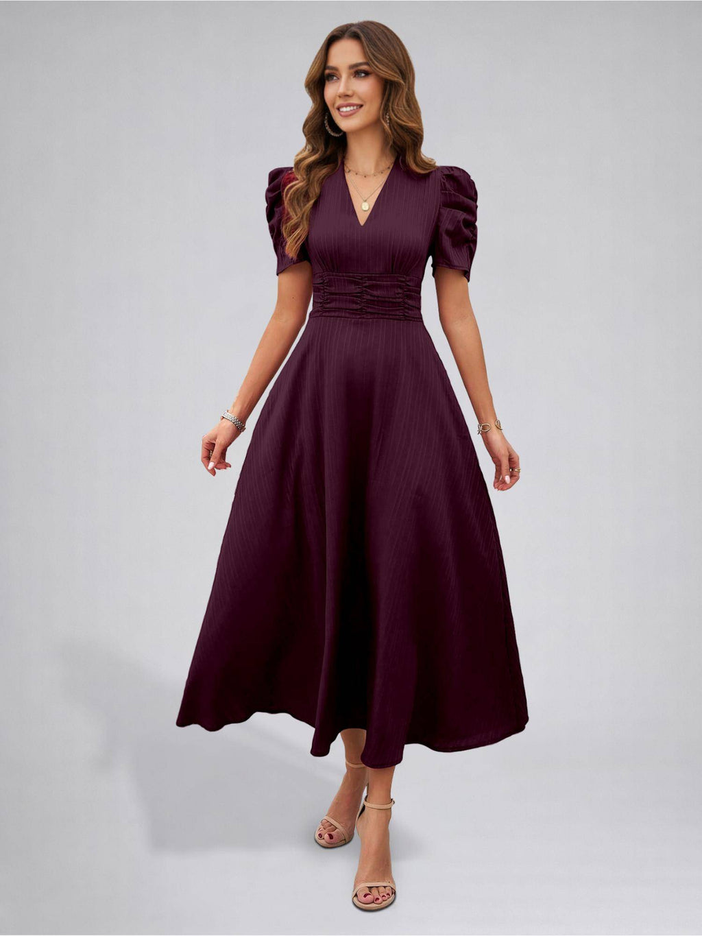 Womens Puff Sleeve Brown Solid V-Neck A-Line Midi Dress | D56 - view 17