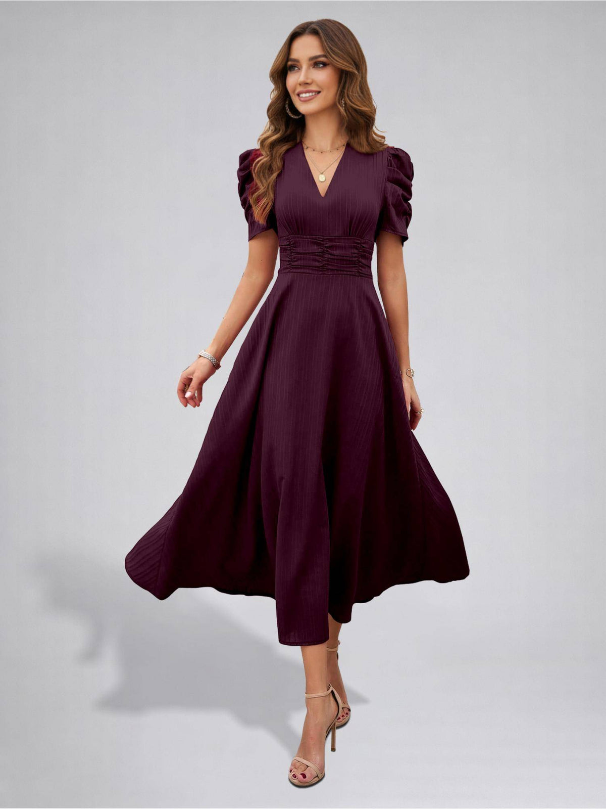 Womens Puff Sleeve Magenta Solid V-Neck A-Line Midi Dress | D56 - view 5