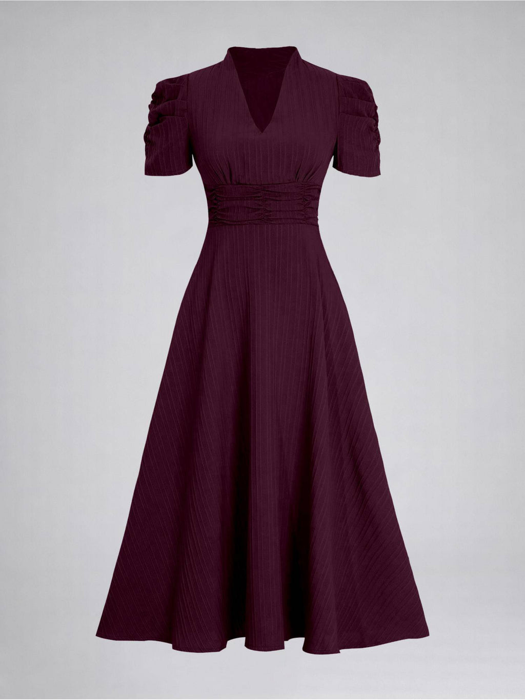 Womens Puff Sleeve Magenta Solid V-Neck A-Line Midi Dress | D56 - view 6