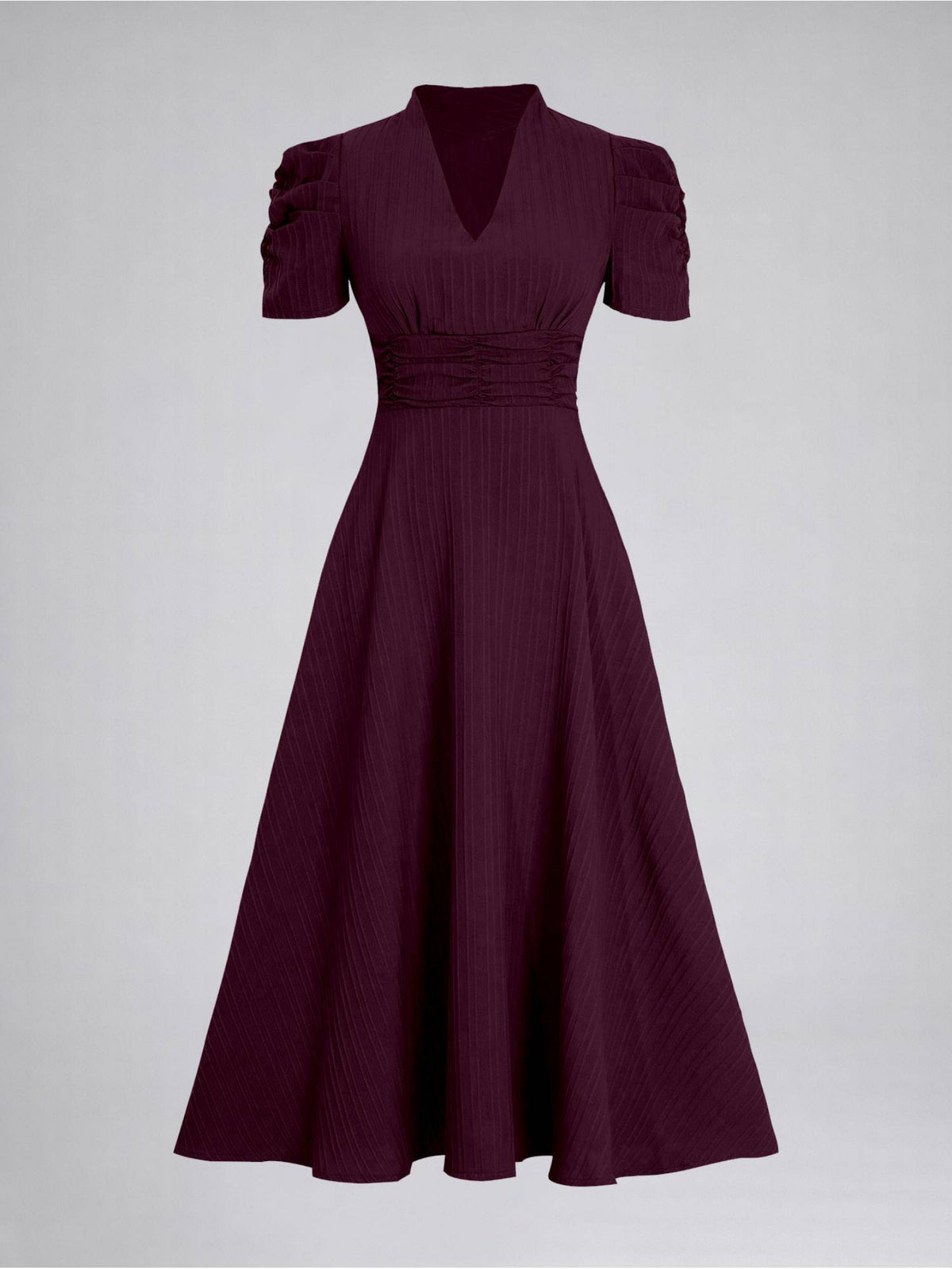 Womens Puff Sleeve Magenta Solid V-Neck A-Line Midi Dress | D56 - view 6