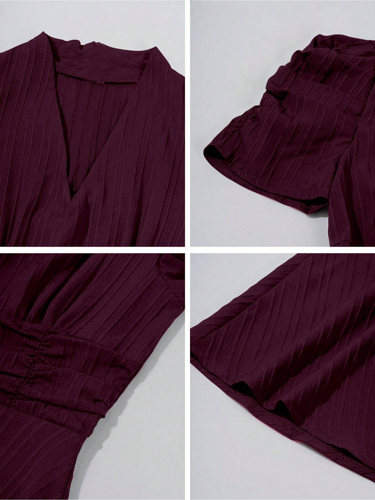 Womens Puff Sleeve Magenta Solid V-Neck A-Line Midi Dress | D56 - view 7
