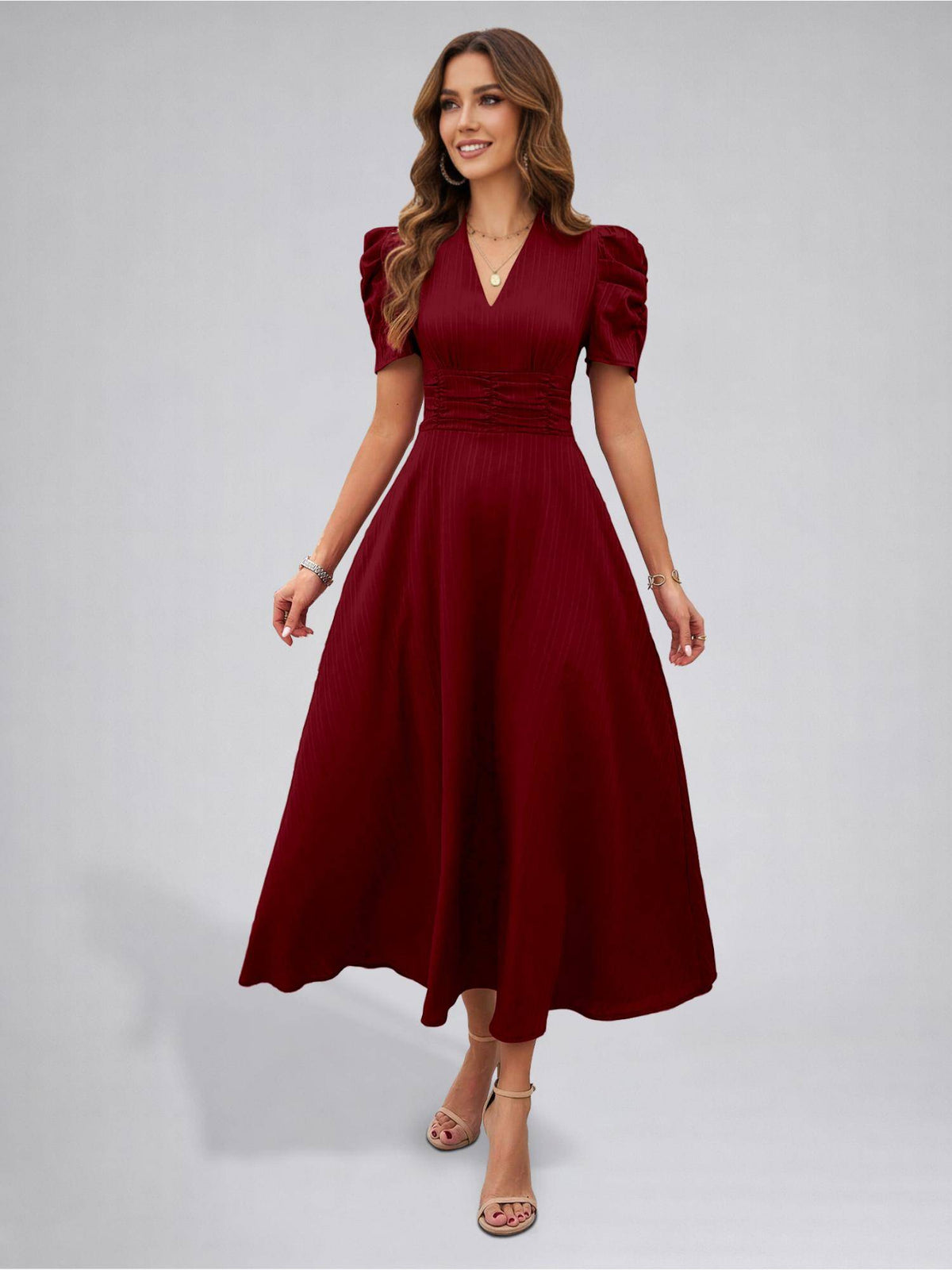 Womens Puff Sleeve Brown Solid V-Neck A-Line Midi Dress | D56 - view 48