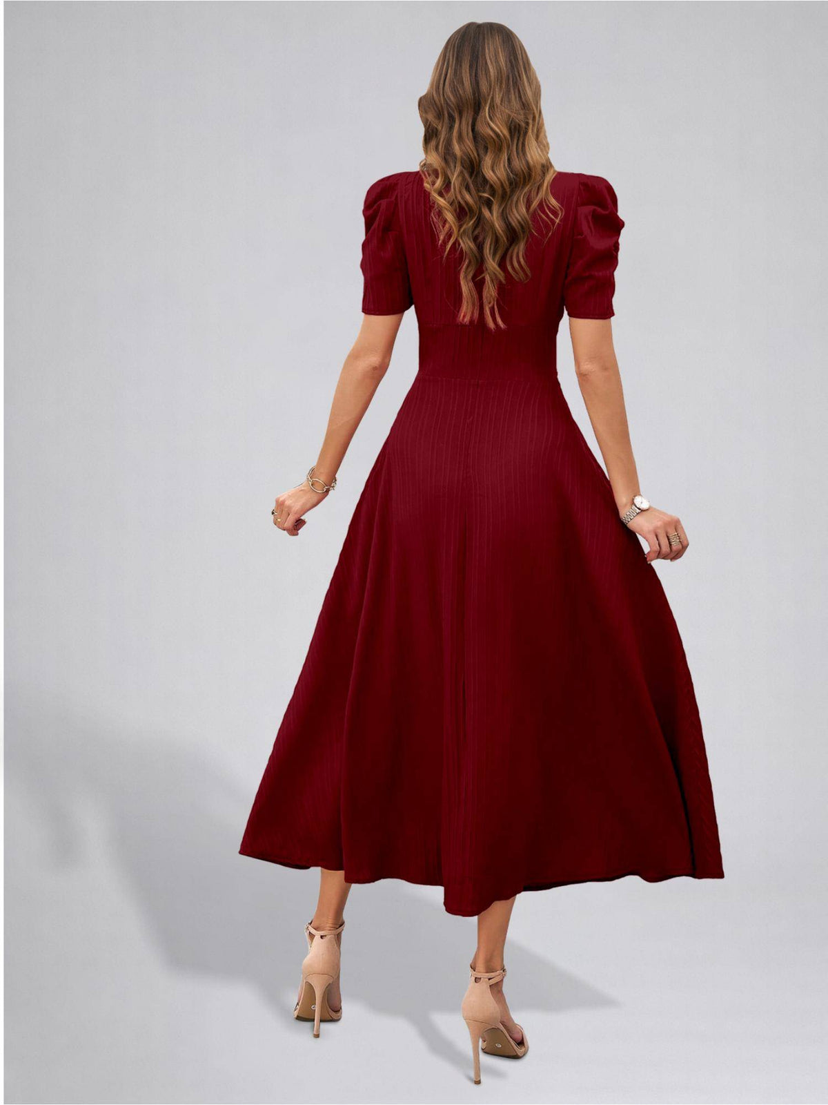 Womens Puff Sleeve Maroon Solid V-Neck A-Line Midi Dress | D56 - view 2