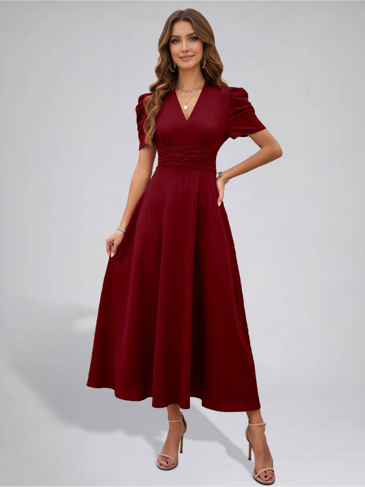 Womens Puff Sleeve Maroon Solid V-Neck A-Line Midi Dress | D56 - view 3
