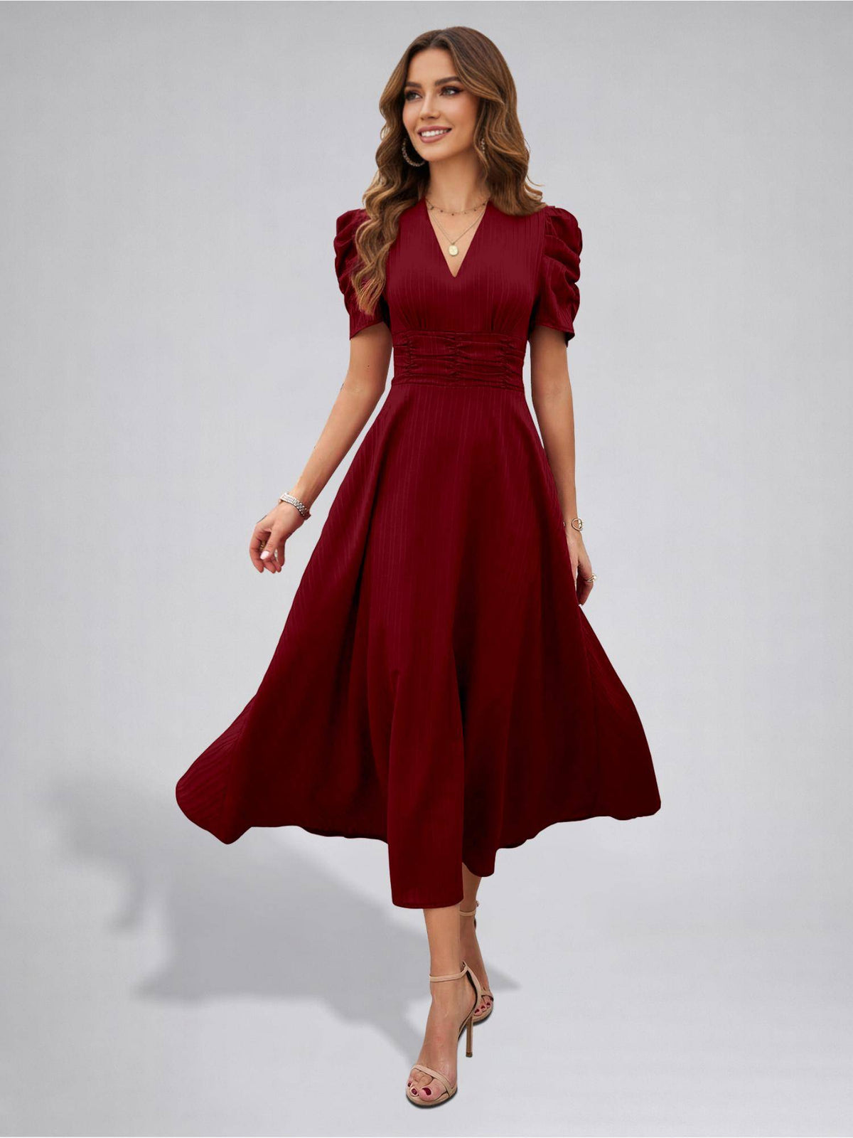 Womens Puff Sleeve Maroon Solid V-Neck A-Line Midi Dress | D56 - view 4