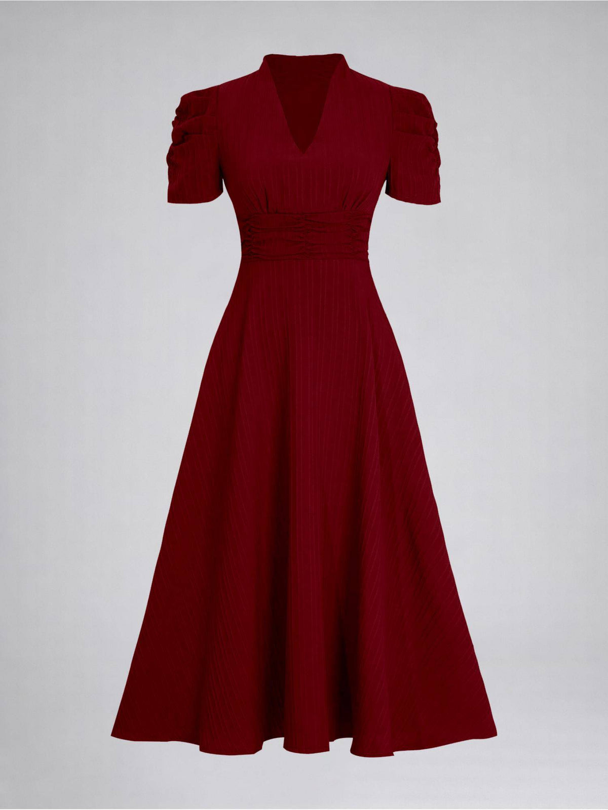Womens Puff Sleeve Maroon Solid V-Neck A-Line Midi Dress | D56 - view 5
