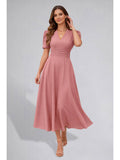 Womens Puff Sleeve Pista Solid V-Neck A-Line Midi Dress | D56 - view 34