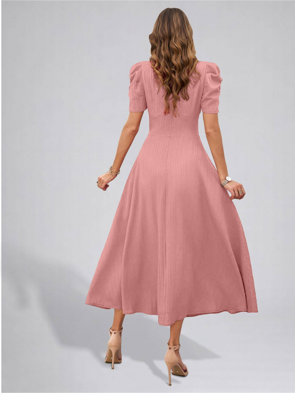 Womens Puff Sleeve Pista Solid V-Neck A-Line Midi Dress | D56 - view 35