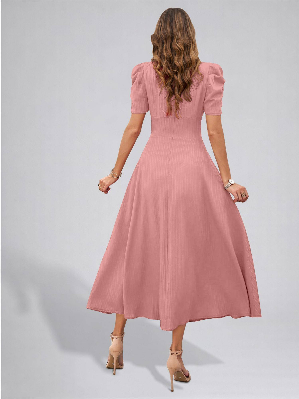 Womens Puff Sleeve Peach Solid V-Neck A-Line Midi Dress | D56 - view 2