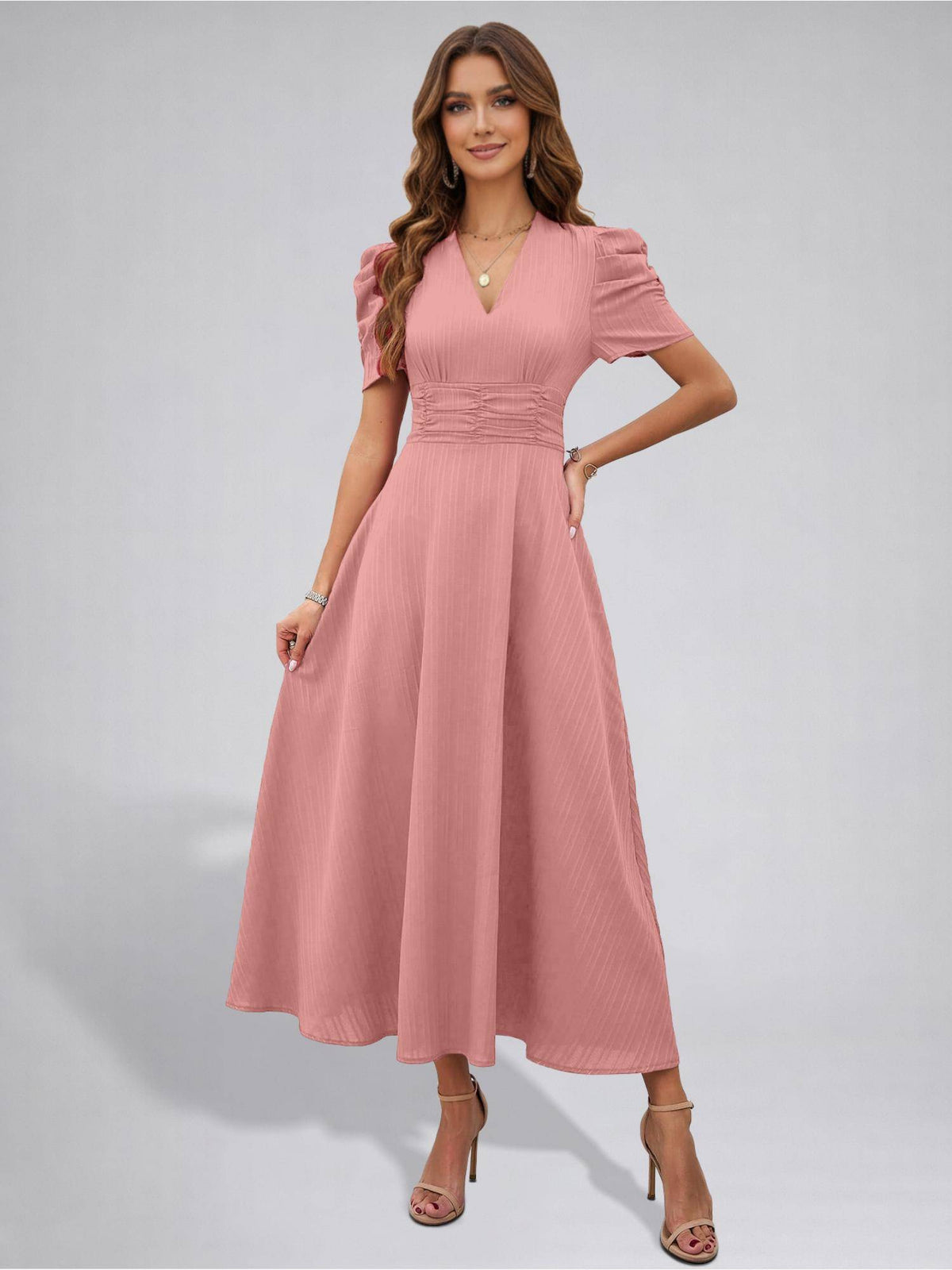Womens Puff Sleeve Peach Solid V-Neck A-Line Midi Dress | D56 - view 3