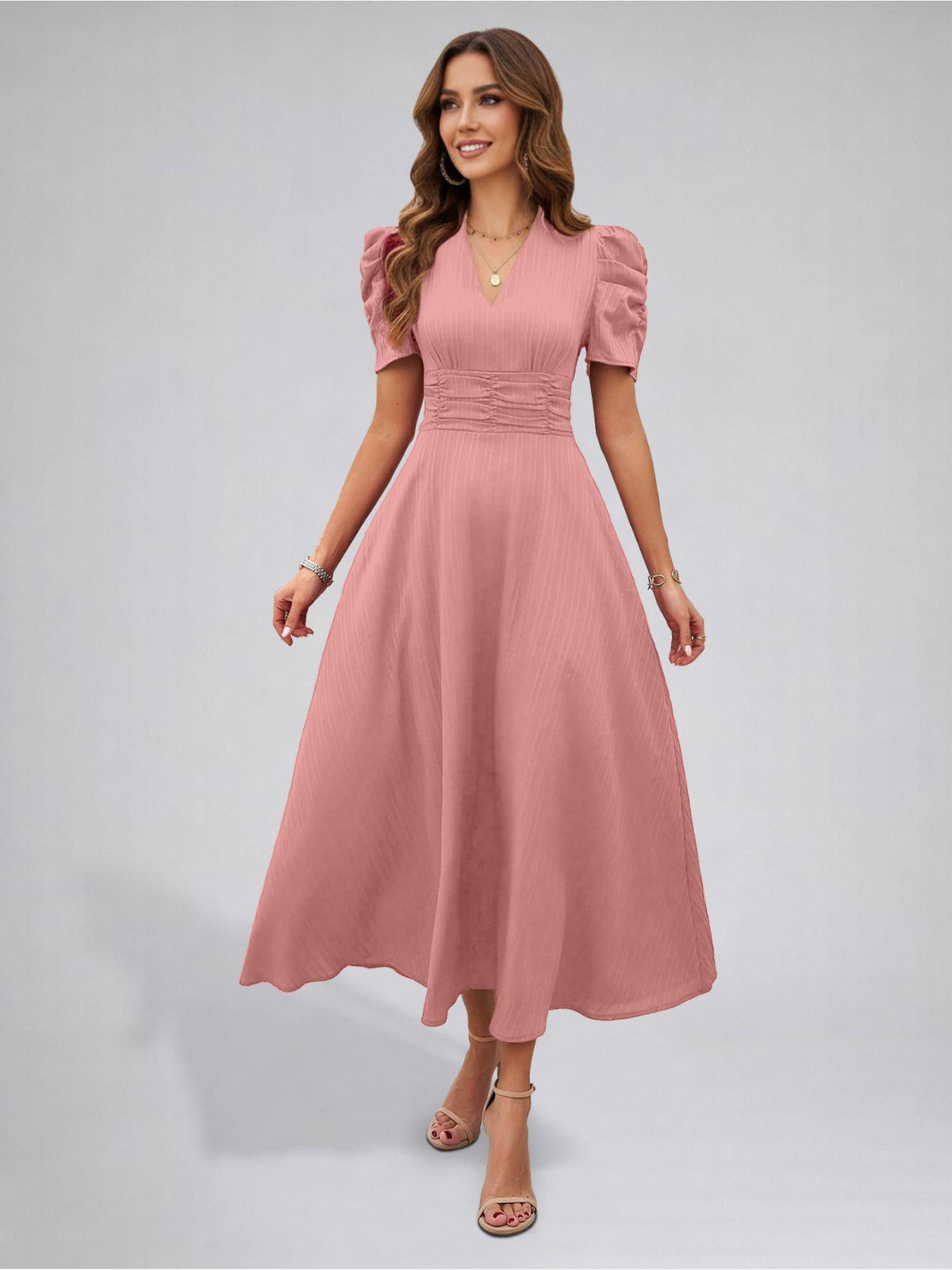 Womens Puff Sleeve Pista Solid V-Neck A-Line Midi Dress | D56 - view 37