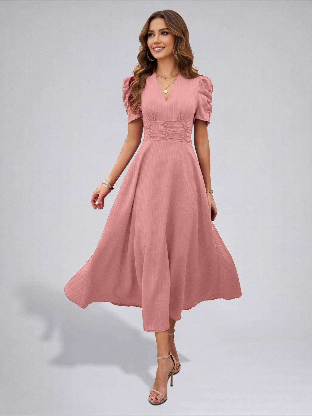 Womens Puff Sleeve Peach Solid V-Neck A-Line Midi Dress | D56 - view 5