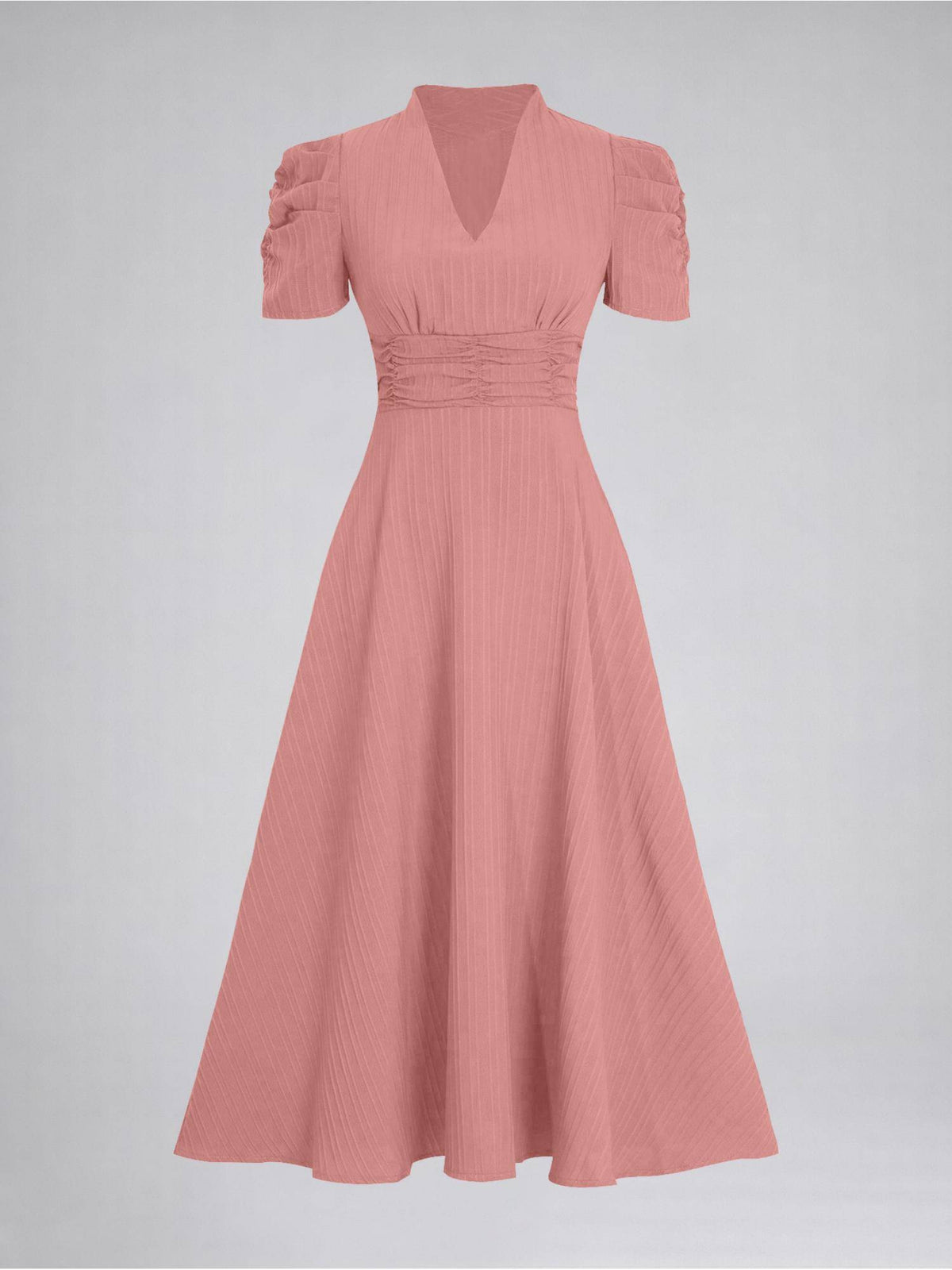 Womens Puff Sleeve Hot Pink Solid V-Neck A-Line Midi Dress | D56 - view 33