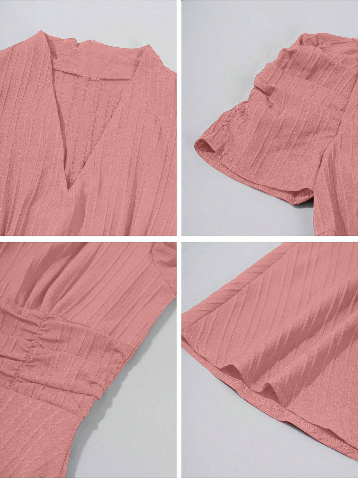 Womens Puff Sleeve Peach Solid V-Neck A-Line Midi Dress | D56 - view 7