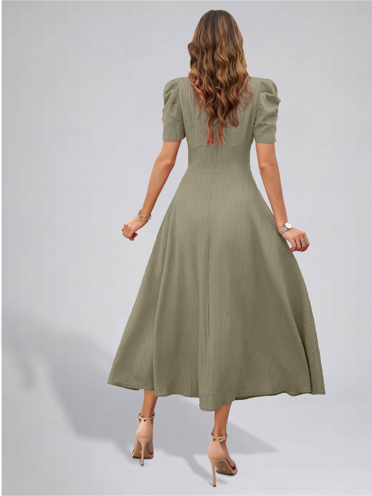 Womens Puff Sleeve Pista Solid V-Neck A-Line Midi Dress | D56 - view 2