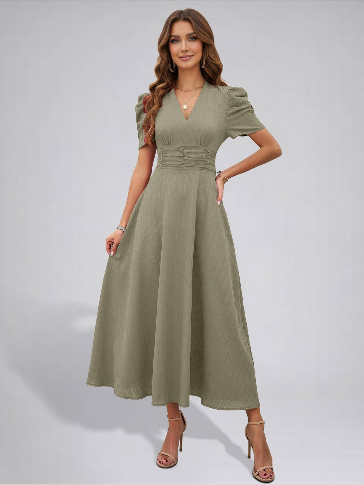 Womens Puff Sleeve Pista Solid V-Neck A-Line Midi Dress | D56 - view 3