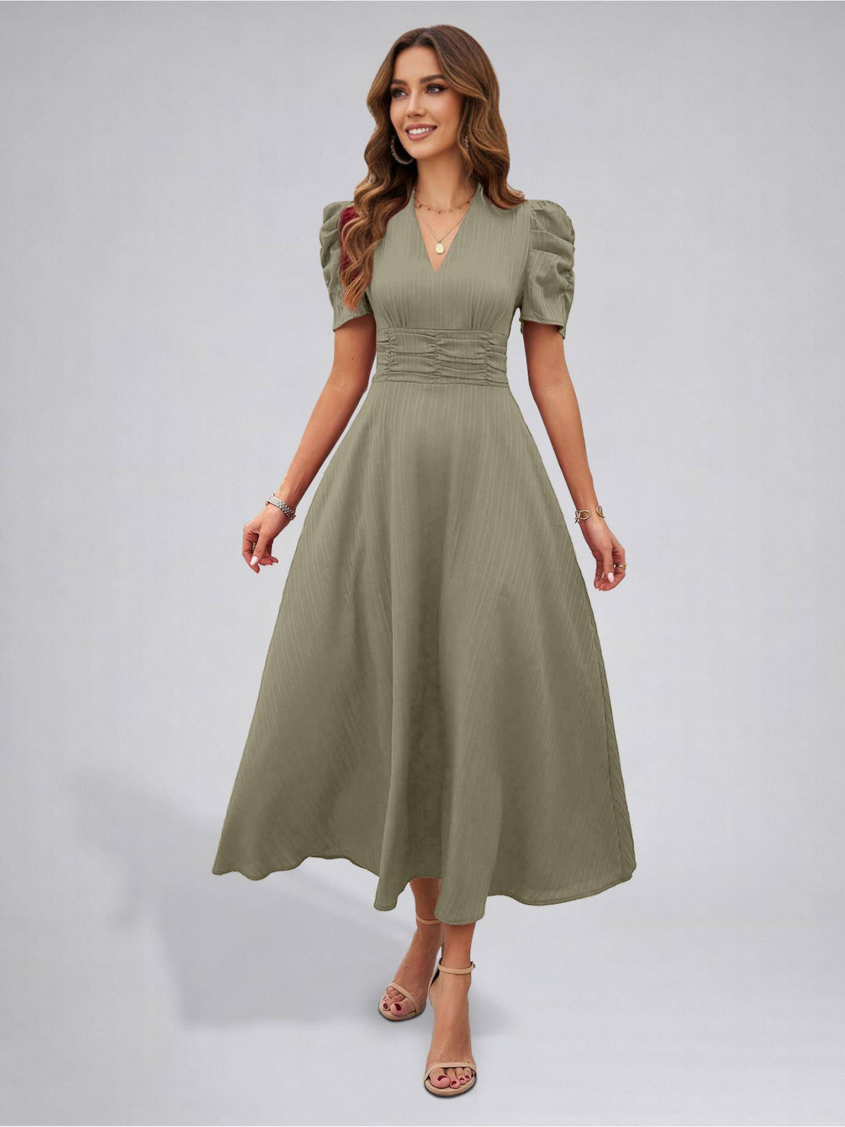 Womens Puff Sleeve Pista Solid V-Neck A-Line Midi Dress | D56 - view 4
