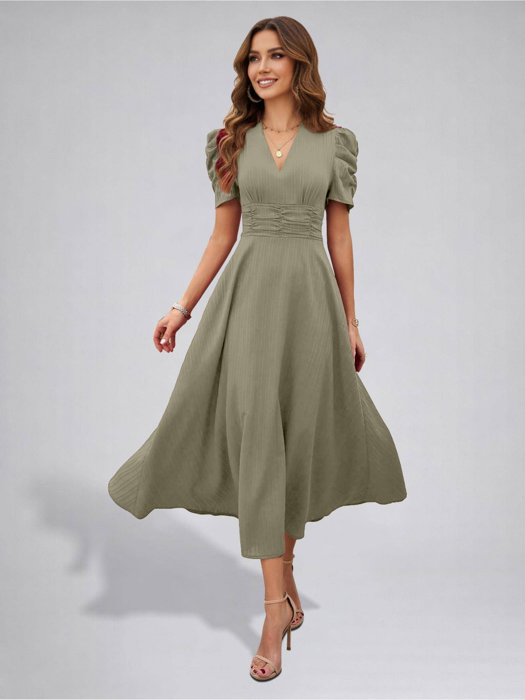 Womens Puff Sleeve Pista Solid V-Neck A-Line Midi Dress | D56 - view 5