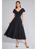 Womens V-Neck Pleated Bodice Black Solid A-Line Maxi Dress | D56 - view 1