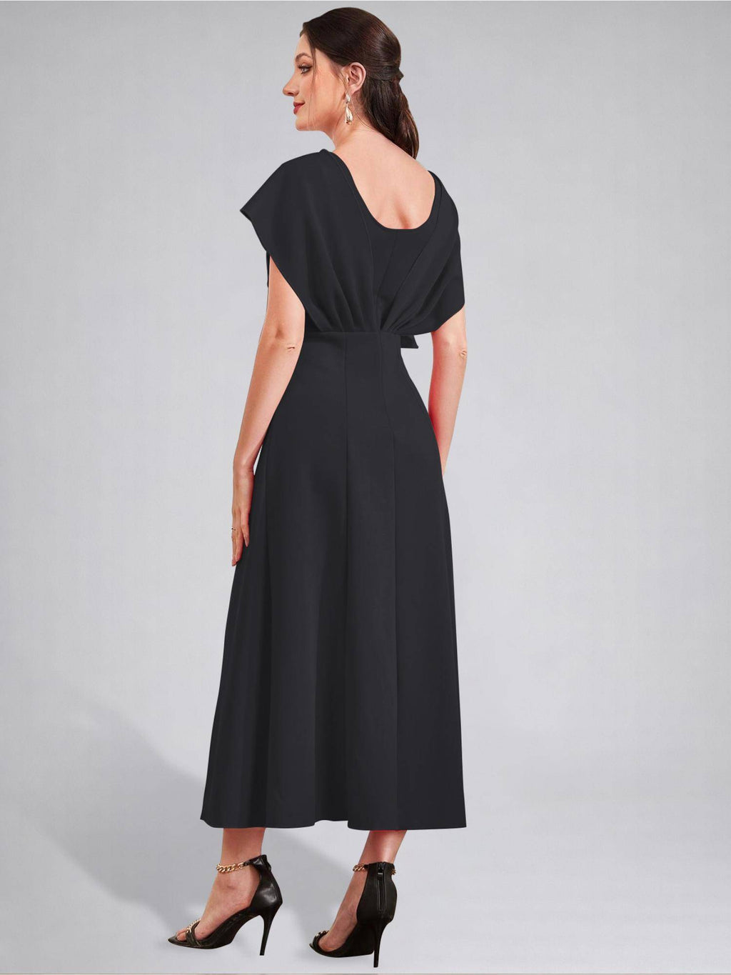 Womens V-Neck Pleated Bodice Black Solid A-Line Maxi Dress | D56 - view 2