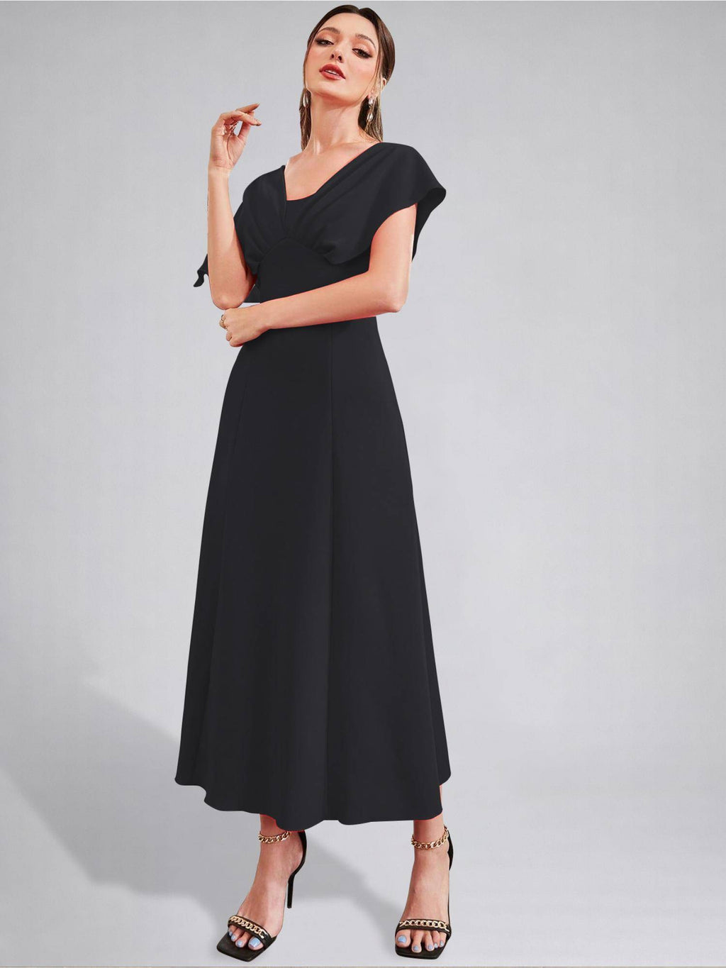 Womens V-Neck Pleated Bodice Hot Pink Solid A-Line Maxi Dress | D56 - view 22