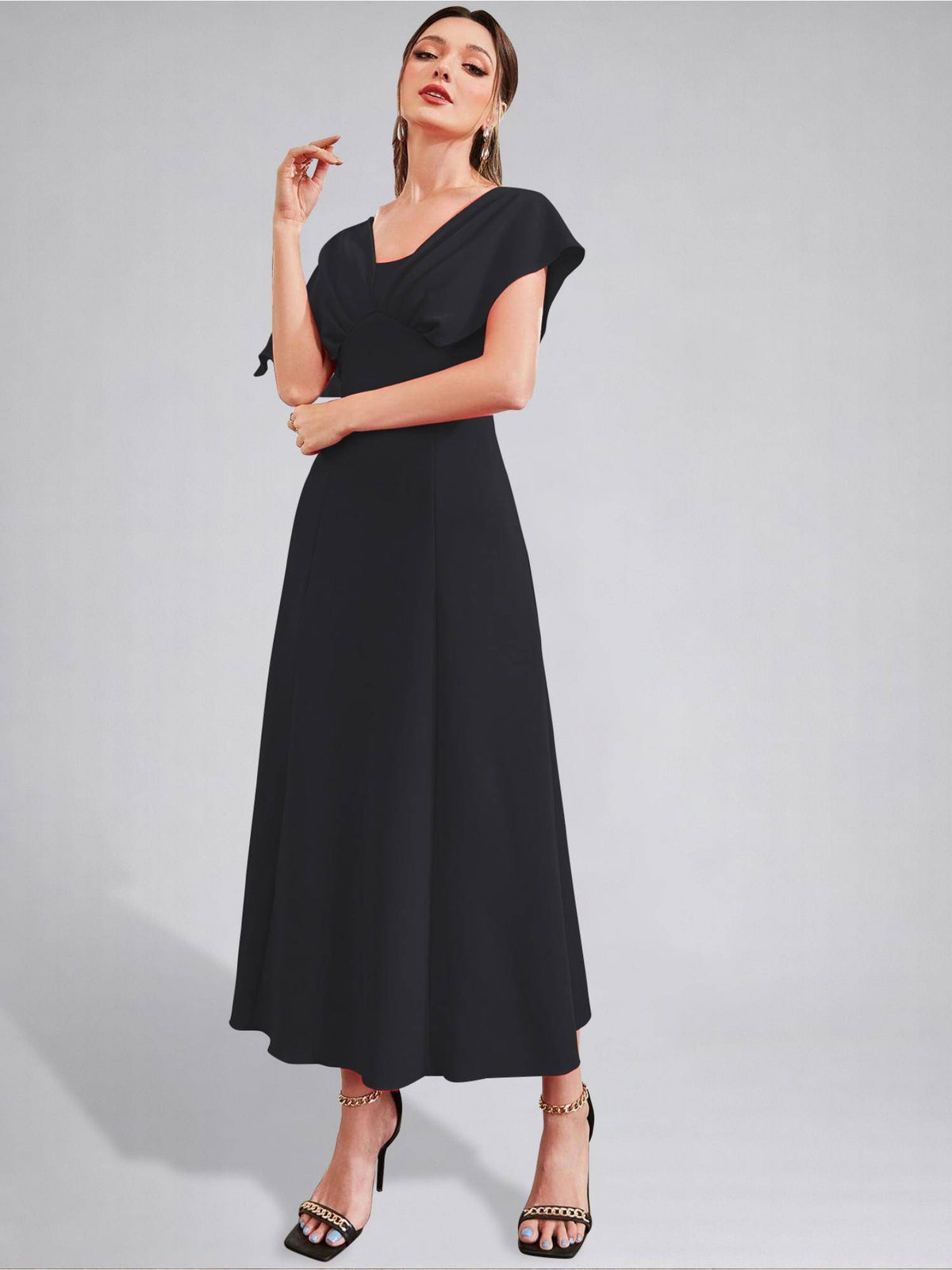 Womens V-Neck Pleated Bodice Hot Pink Solid A-Line Maxi Dress | D56 - view 22