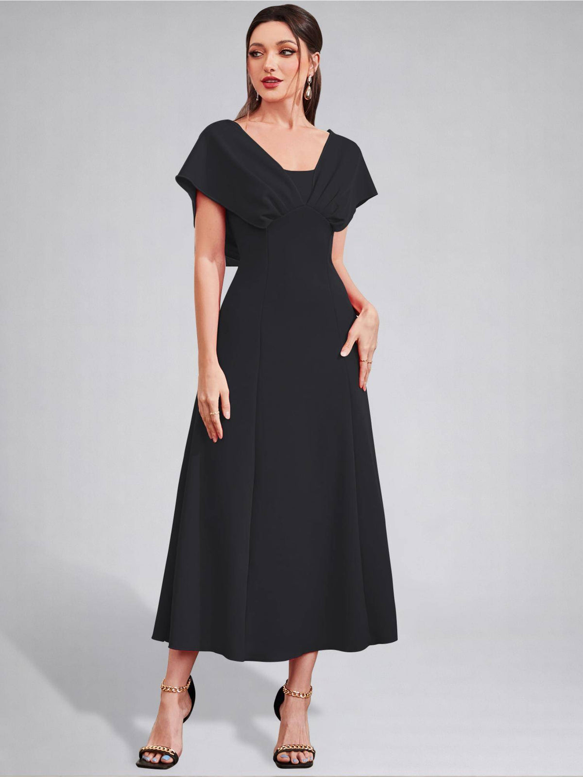 Womens V-Neck Pleated Bodice Hot Pink Solid A-Line Maxi Dress | D56 - view 23