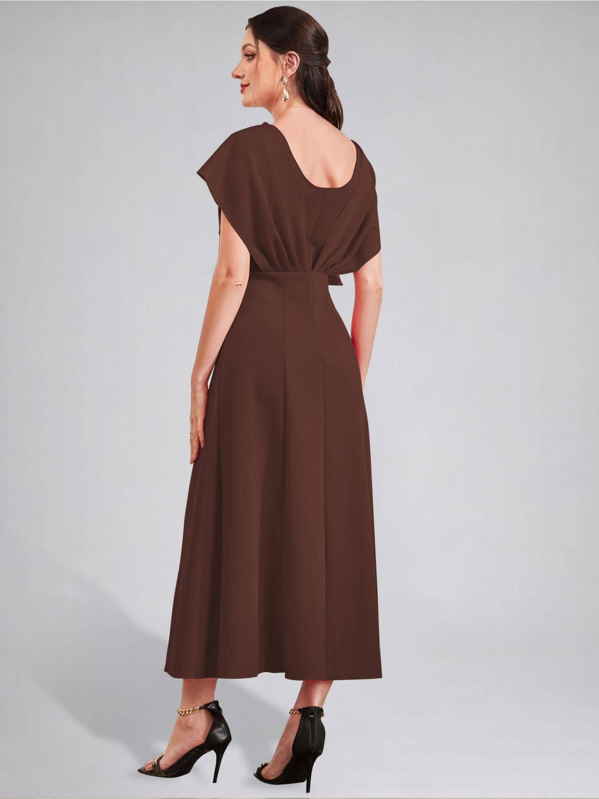 Womens V-Neck Pleated Bodice Black Solid A-Line Maxi Dress | D56 - view 8