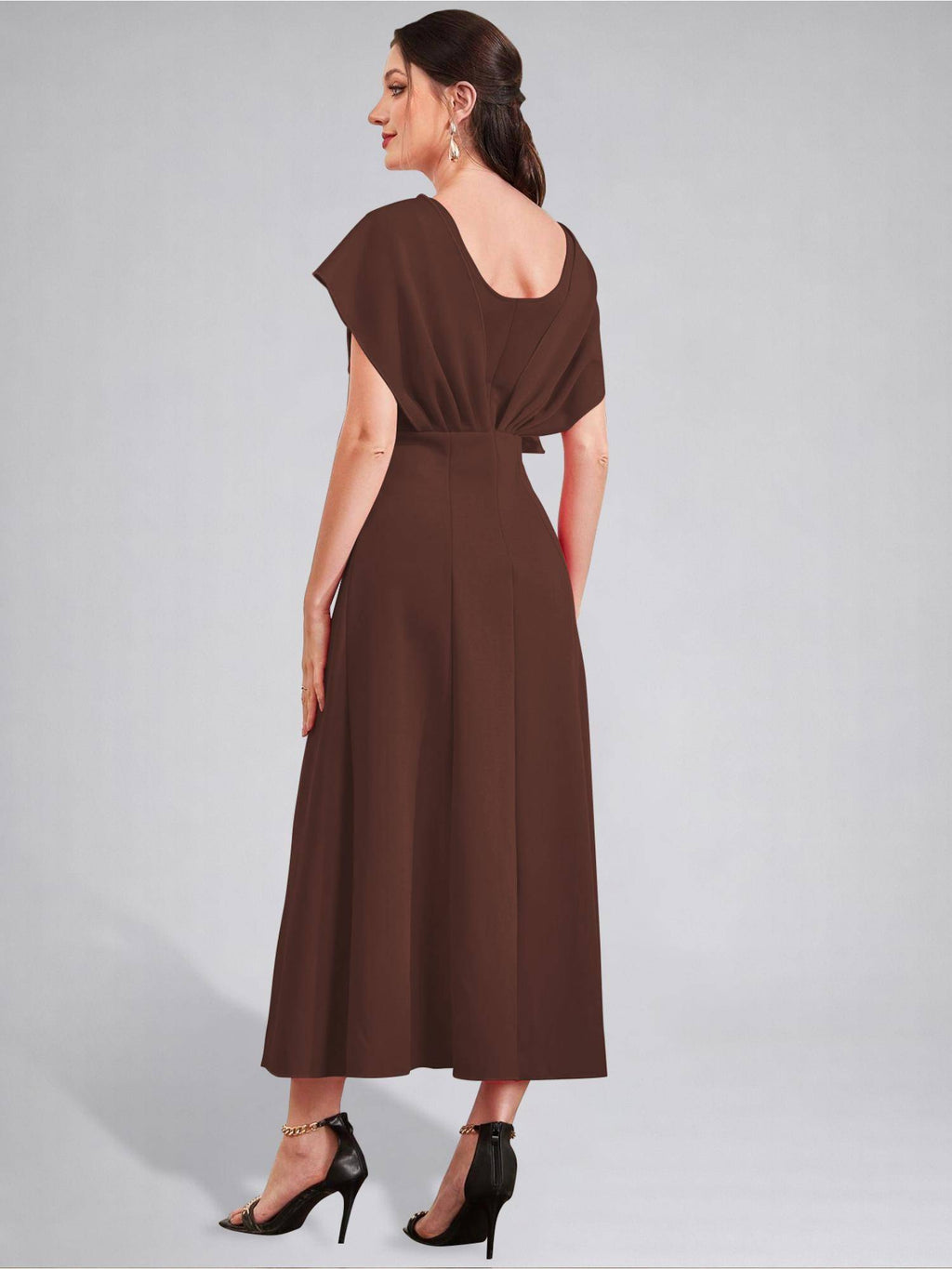 Womens V-Neck Pleated Bodice Aqua Solid A-Line Maxi Dress | D56 - view 8