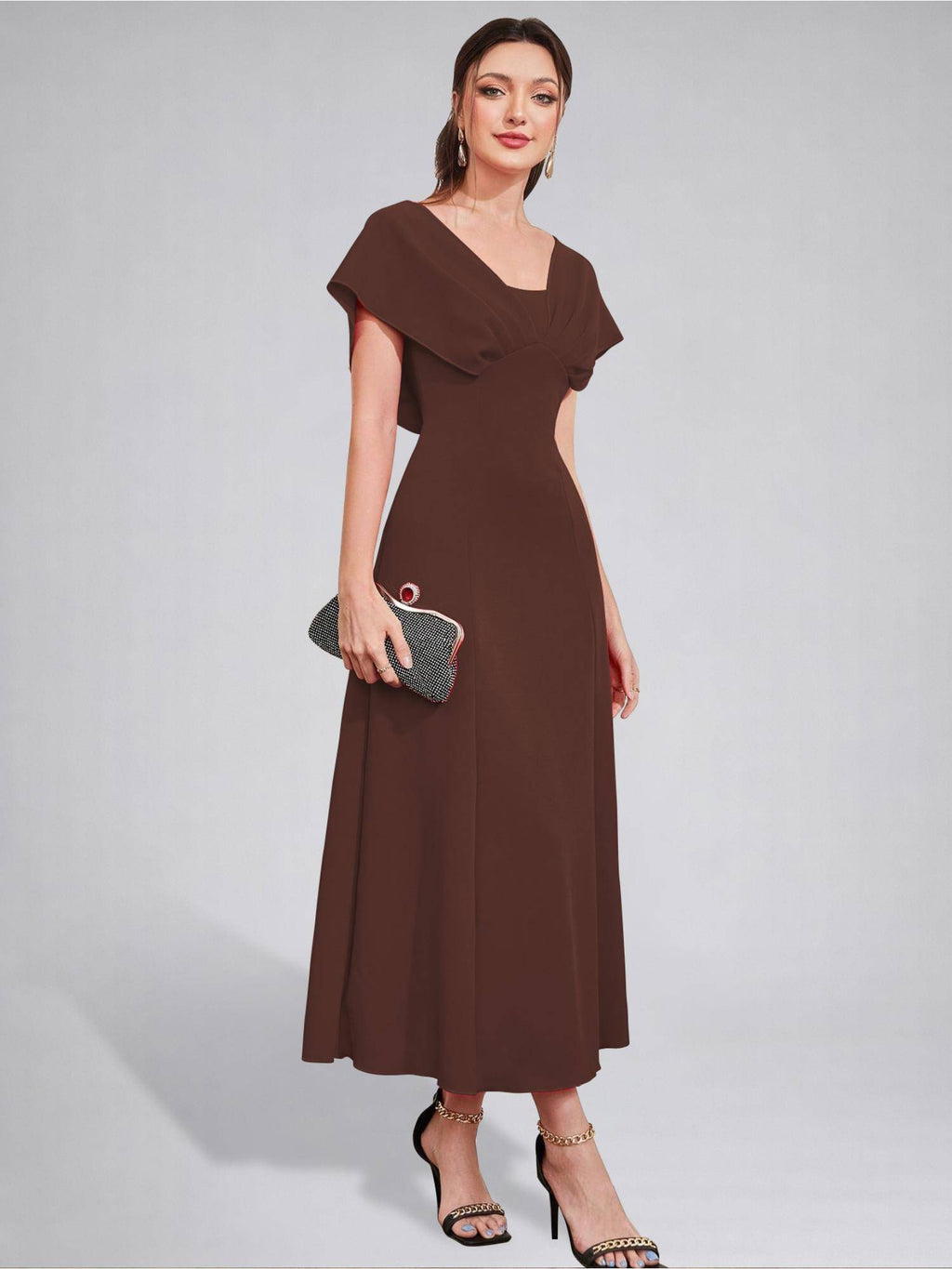 Womens V-Neck Pleated Bodice Aqua Solid A-Line Maxi Dress | D56 - view 9