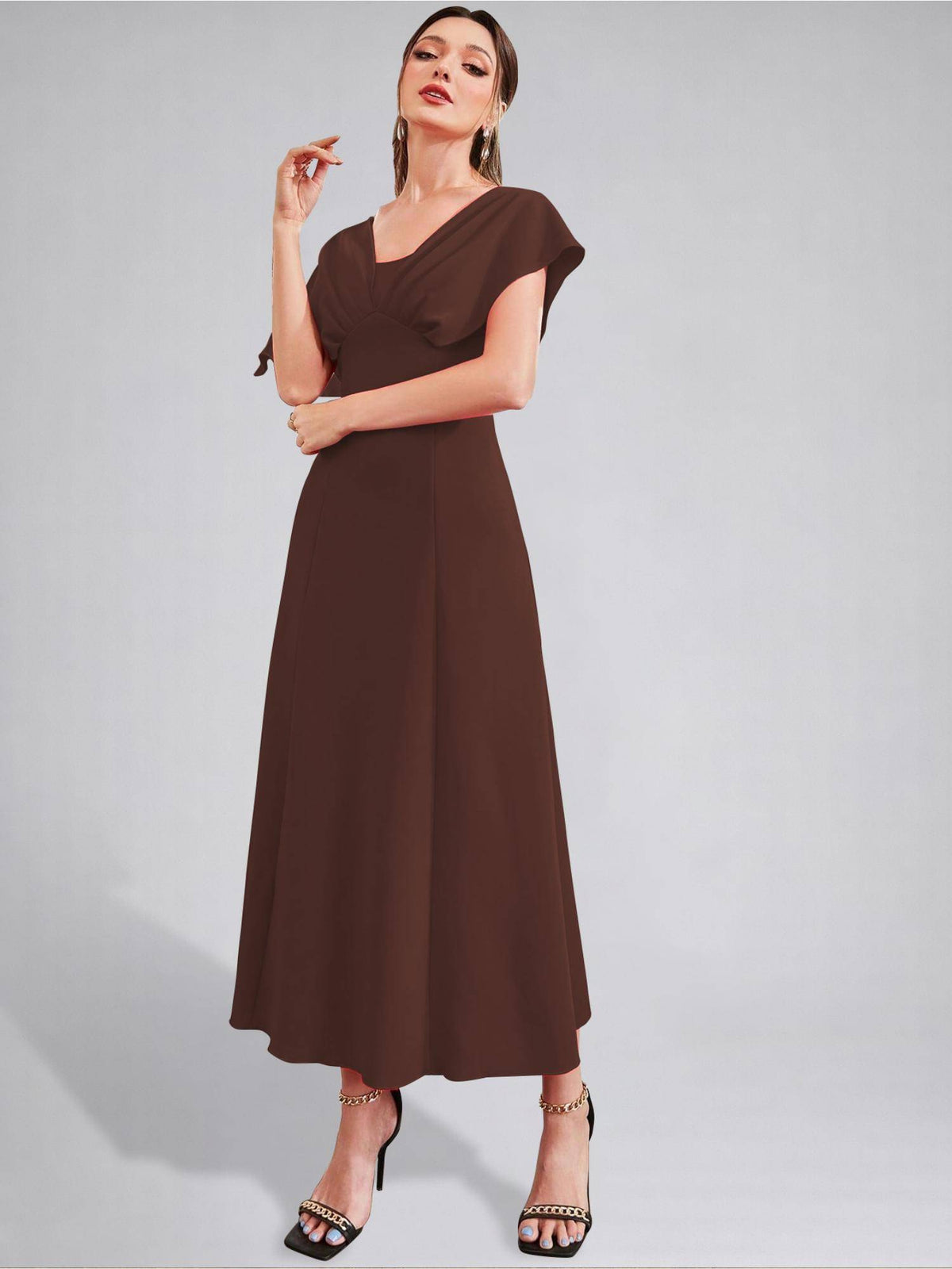 Womens V-Neck Pleated Bodice Aqua Solid A-Line Maxi Dress | D56 - view 10