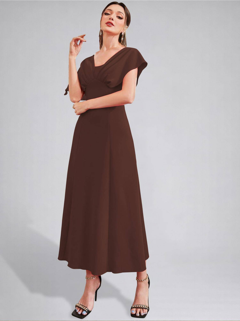 Womens V-Neck Pleated Bodice Black Solid A-Line Maxi Dress | D56 - view 10
