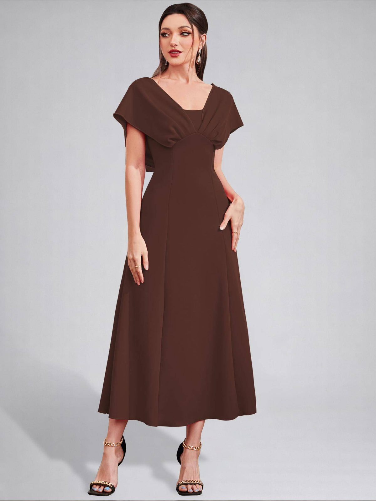 Womens V-Neck Pleated Bodice Black Solid A-Line Maxi Dress | D56 - view 11