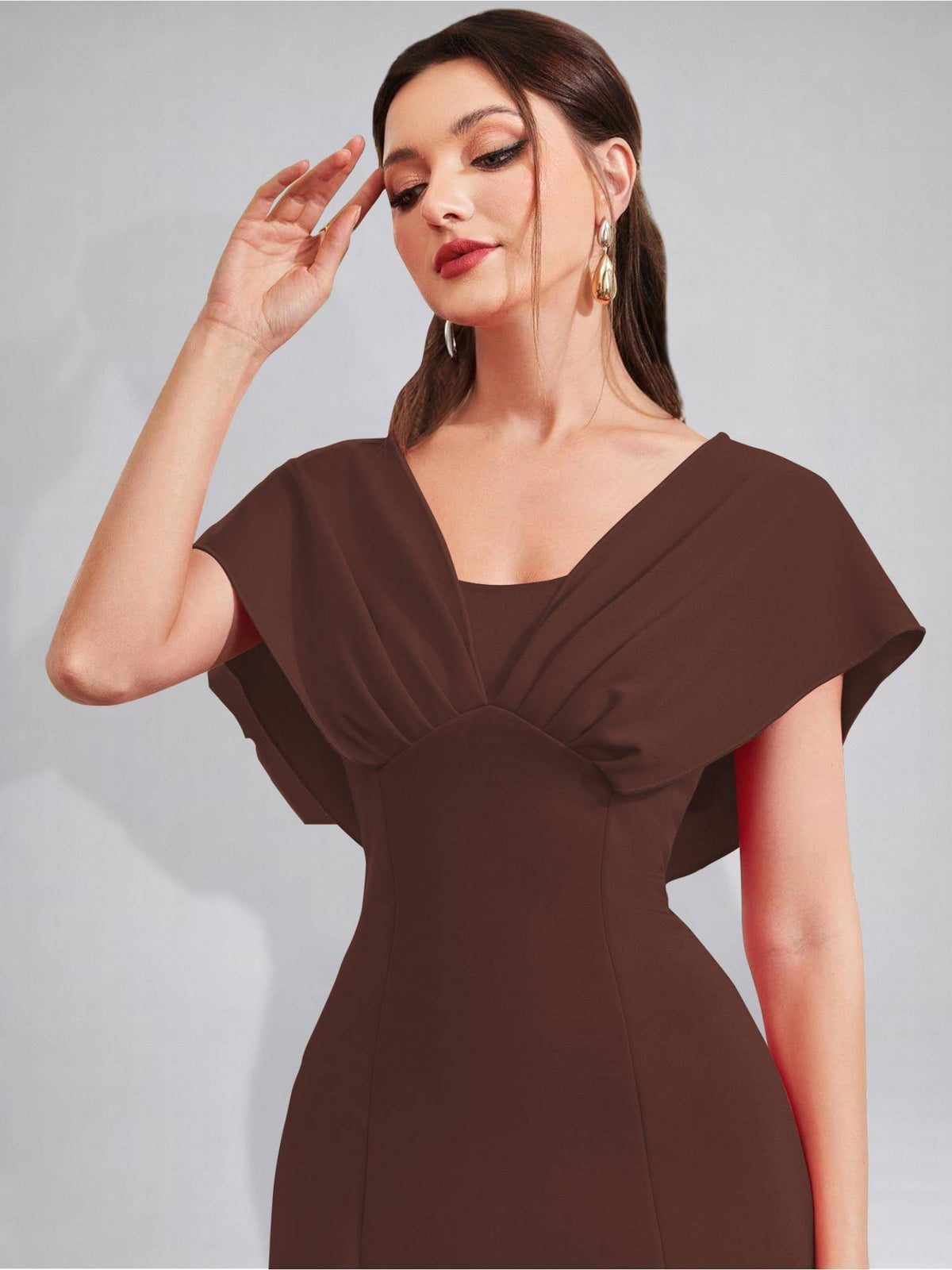 Womens V-Neck Pleated Bodice Black Solid A-Line Maxi Dress | D56 - view 12