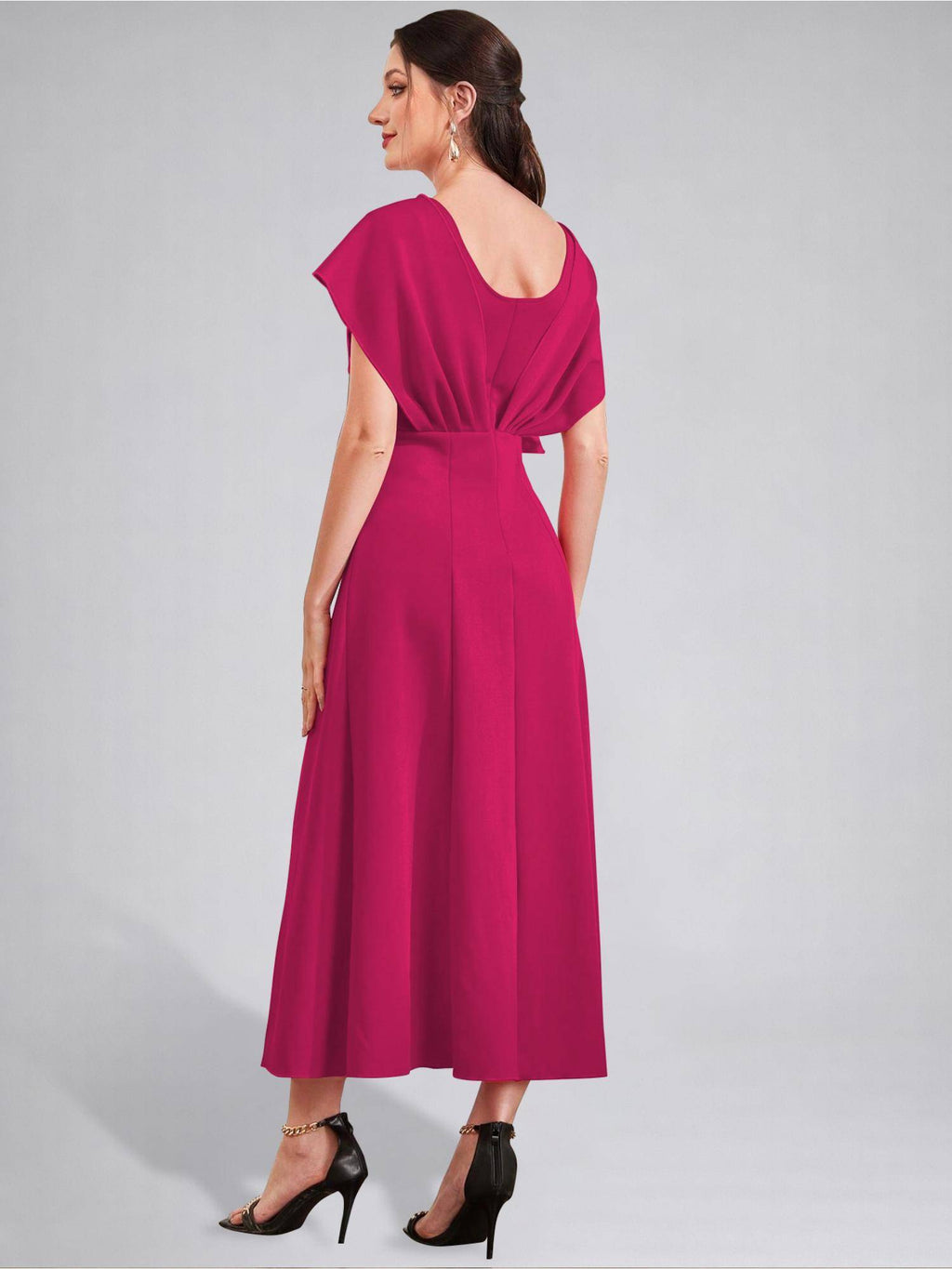 Womens V-Neck Pleated Bodice Hot Pink Solid A-Line Maxi Dress | D56 - view 2
