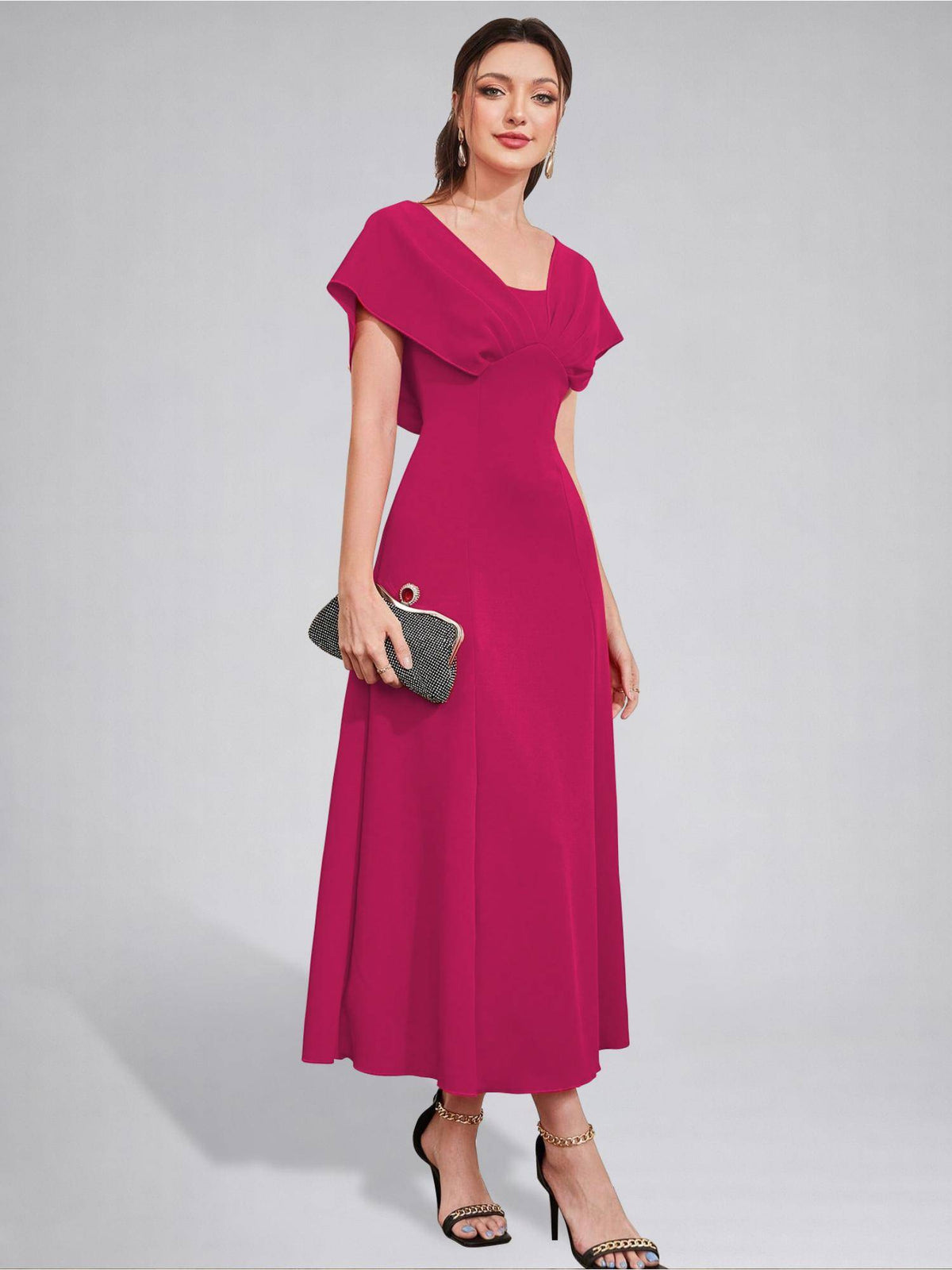 Womens V-Neck Pleated Bodice Hot Pink Solid A-Line Maxi Dress | D56 - view 3