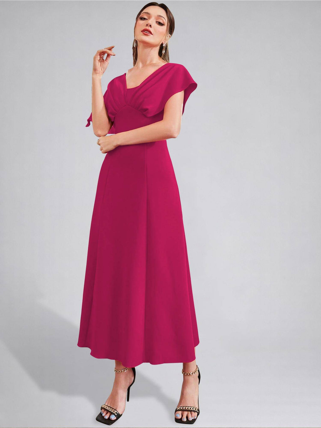 Womens V-Neck Pleated Bodice Hot Pink Solid A-Line Maxi Dress | D56 - view 4