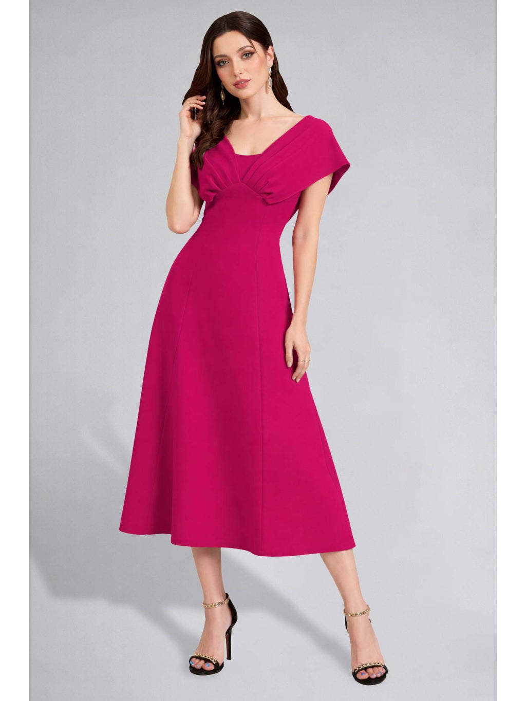 Womens V-Neck Pleated Bodice Hot Pink Solid A-Line Maxi Dress | D56 - view 5