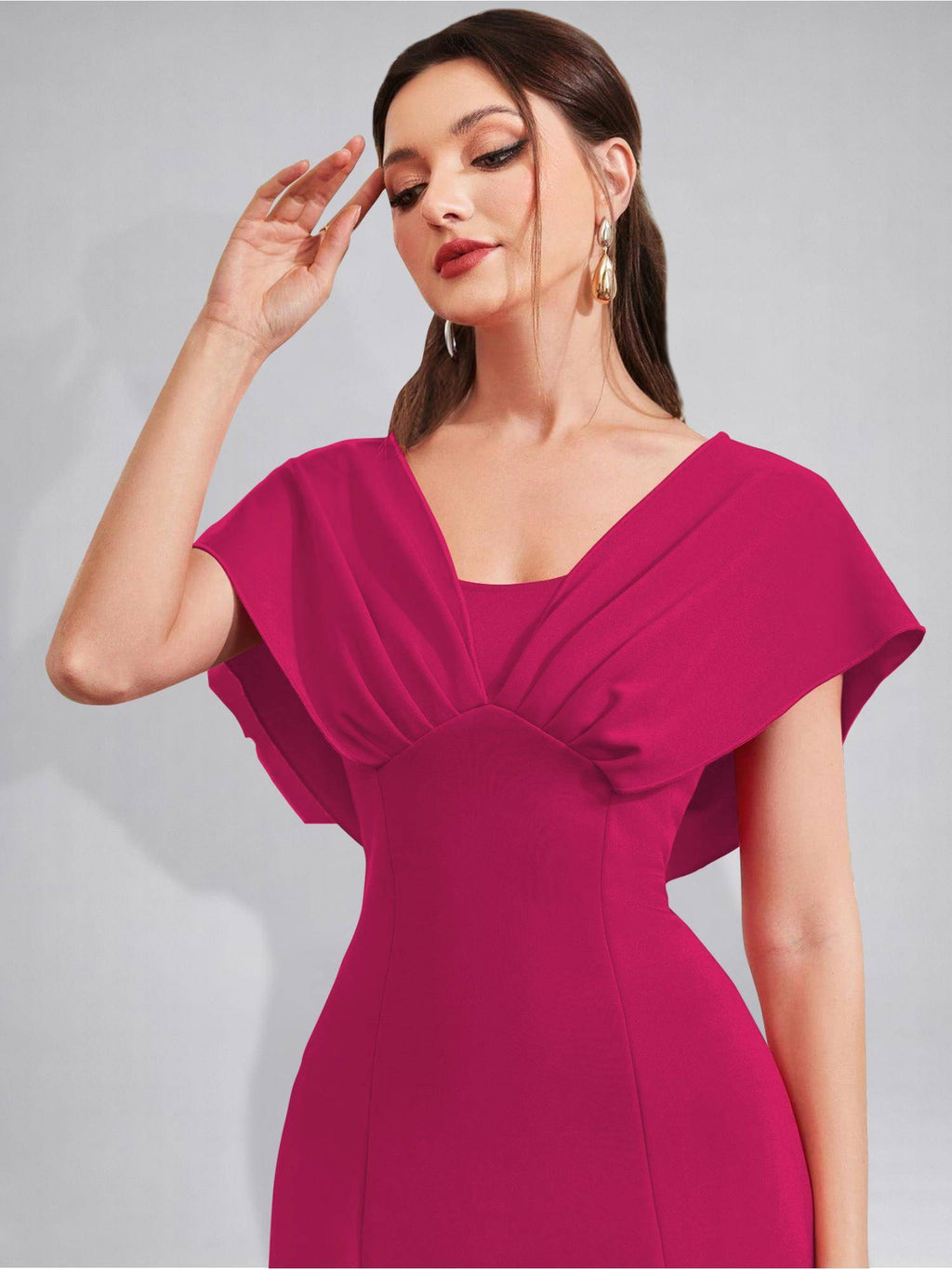 Womens V-Neck Pleated Bodice Hot Pink Solid A-Line Maxi Dress | D56 - view 6