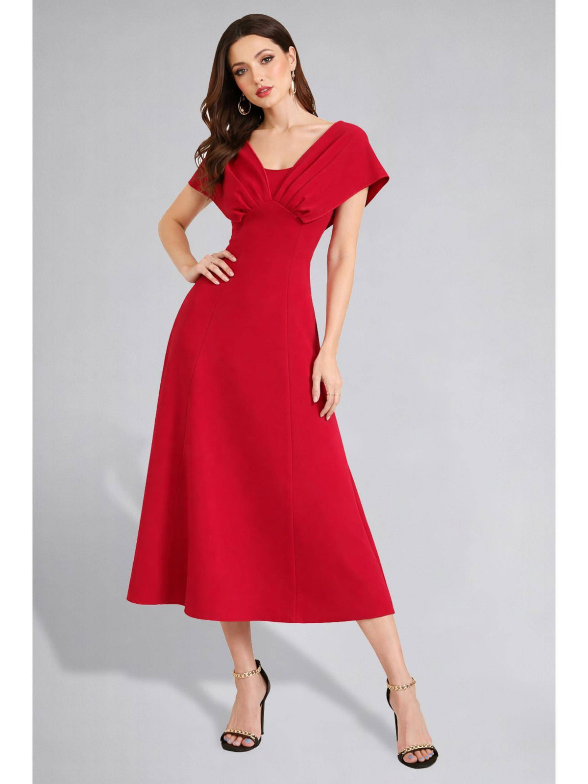 Womens V-Neck Pleated Bodice Hot Pink Solid A-Line Maxi Dress | D56 - view 31