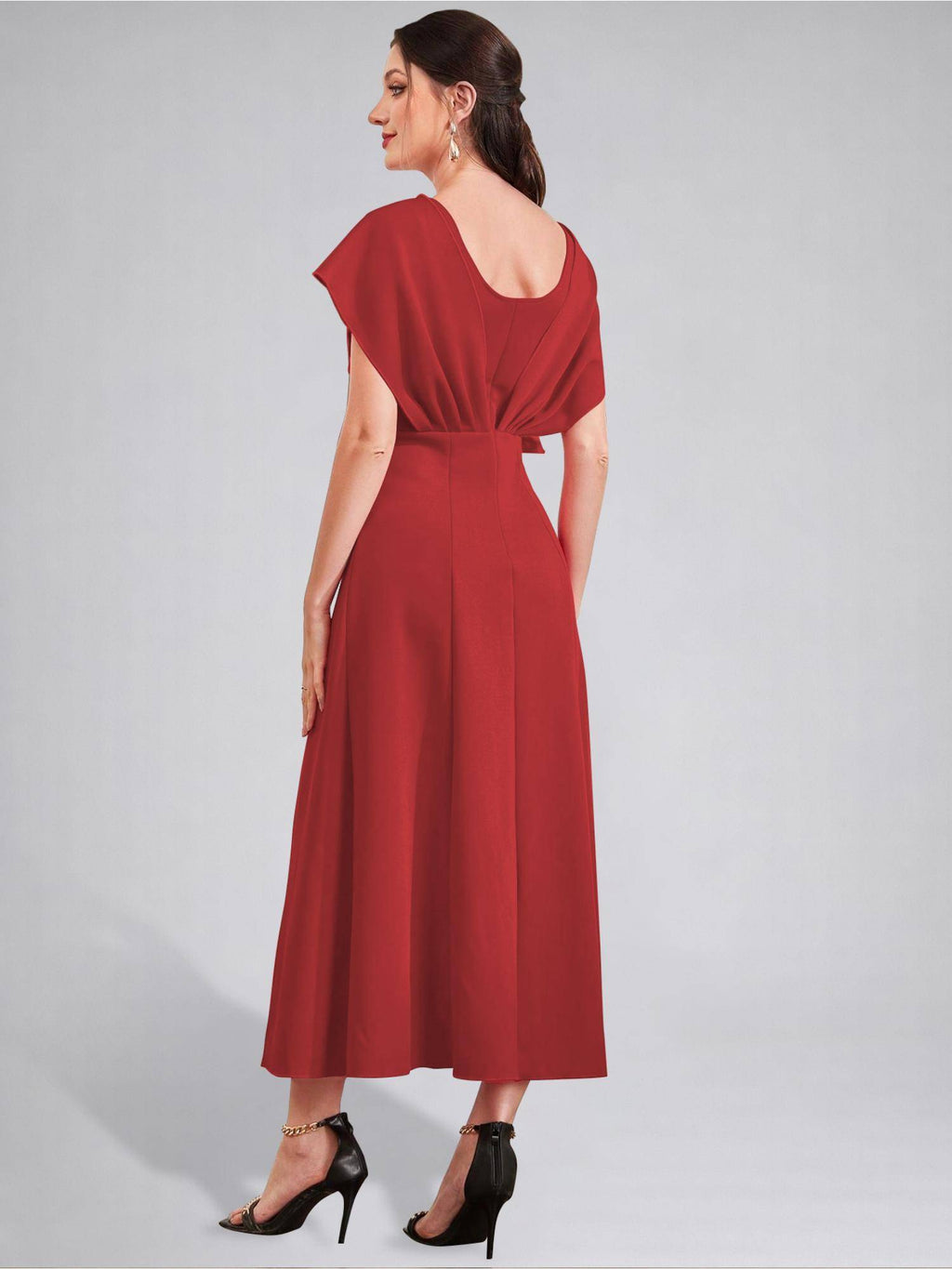 Womens V-Neck Pleated Bodice Aqua Solid A-Line Maxi Dress | D56 - view 26